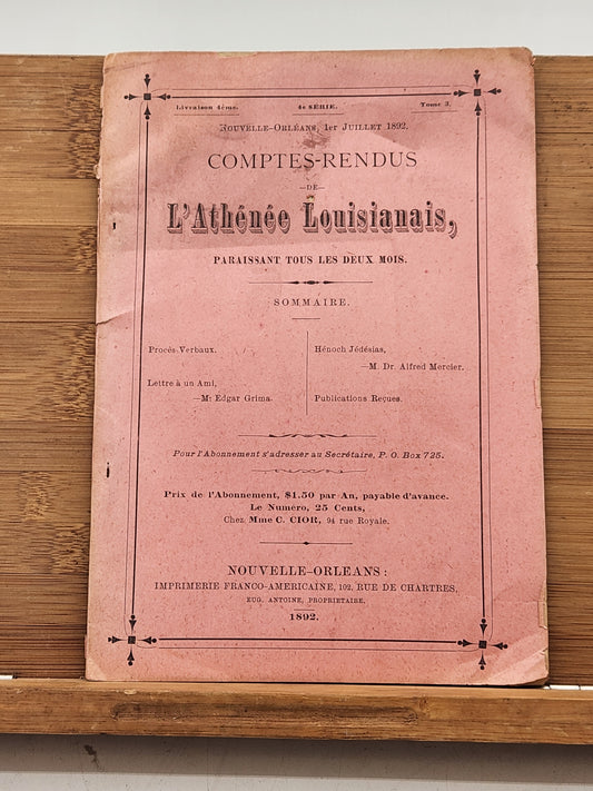July 1892 issue of 'Comptes-Rendus de l'Athénée Louisianais'