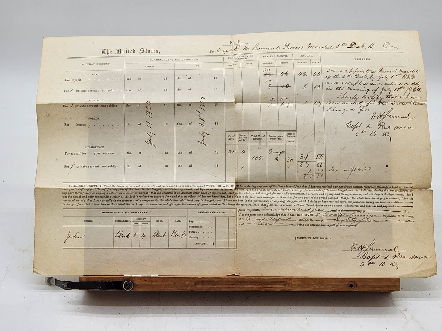Military pay record from the United States Army, detailing the service and compensation of Captain E.H. Samuel, Provost Marshal of the 6th District