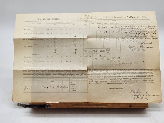 Military pay record from the United States Army, detailing the service and compensation of Captain E.H. Samuel, Provost Marshal of the 6th District