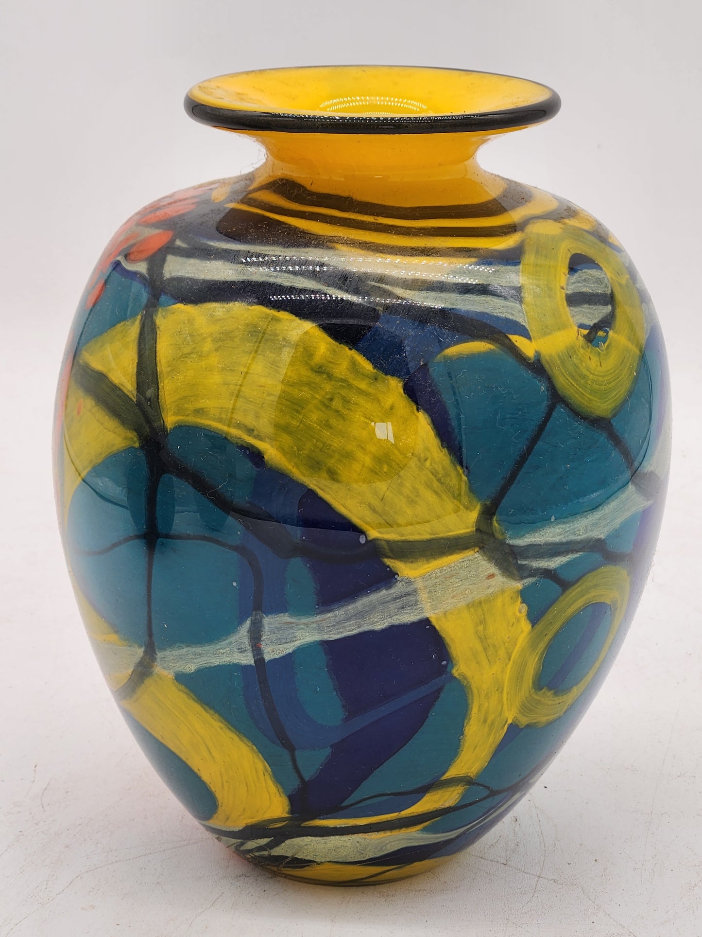 Ioan Nemtoi Signed Studio Art Glass Vase 8" Red Multicolor Abstract Romanian Blown Glass