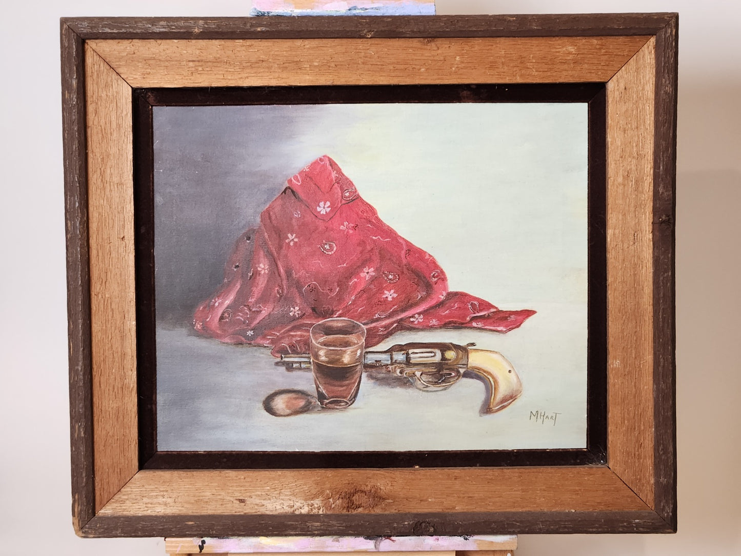 Original Painting Signed M. Hart - Gun, Whiskey, Bandanna
