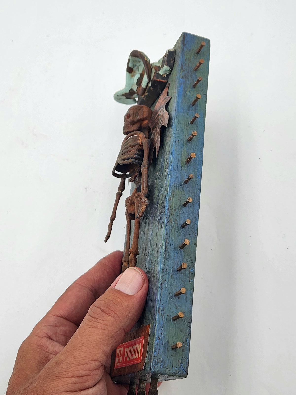 Assemblage Art Skeleton Angel on Blue Board