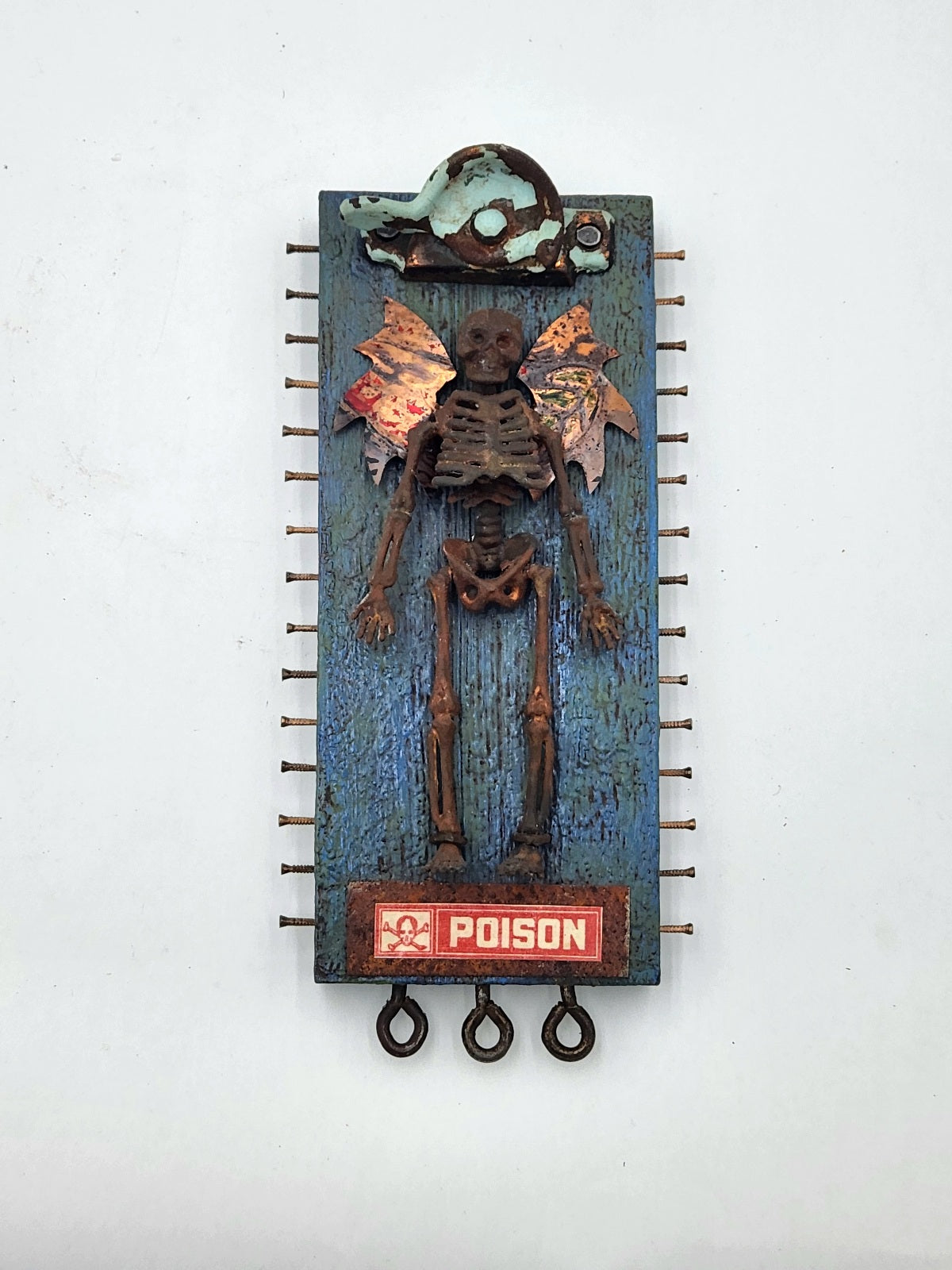 Assemblage Art Skeleton Angel on Blue Board