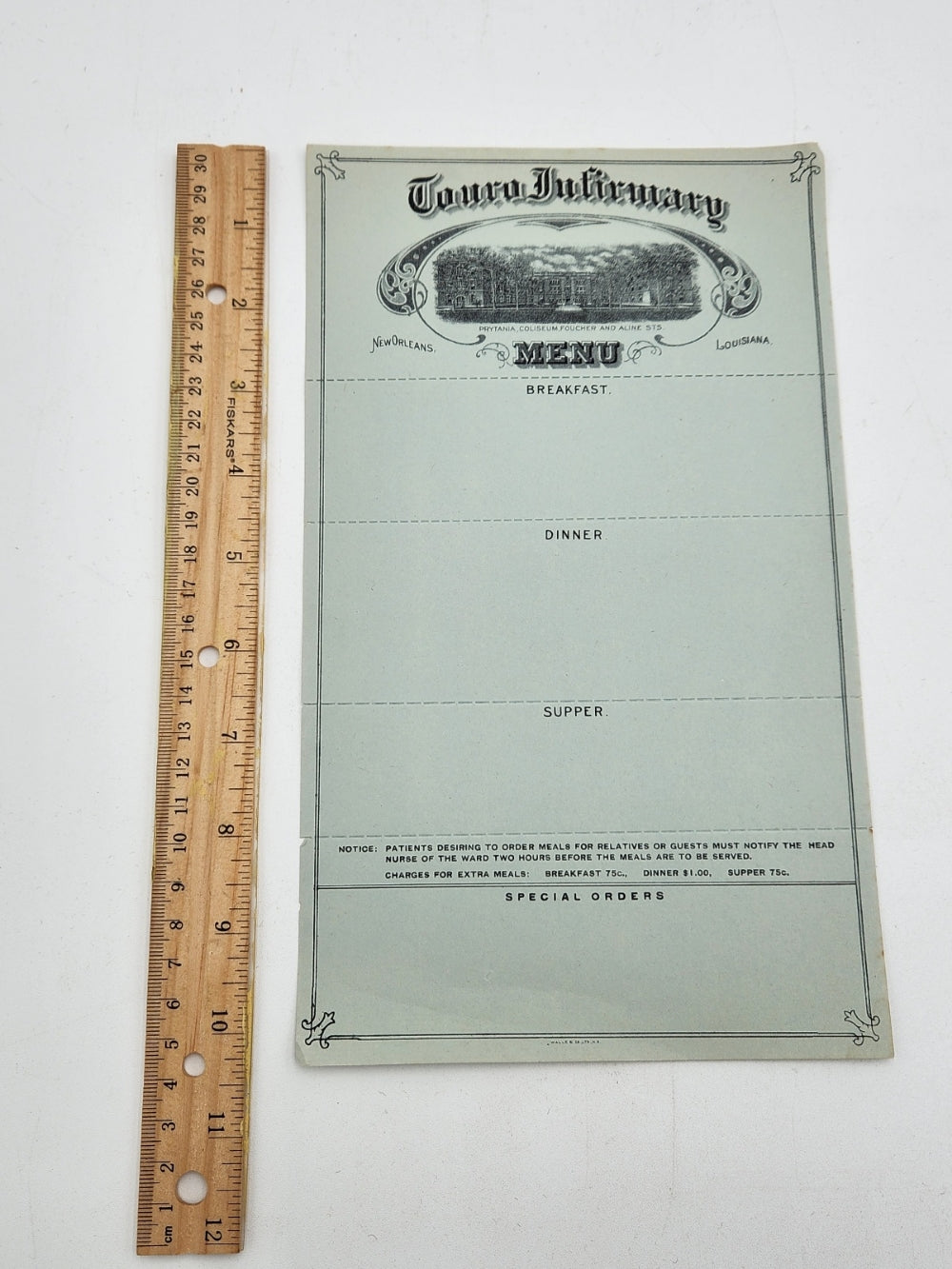 Touro Infirmary New Orleans Menu Order Sheets for Patients (Blue) c. 1910