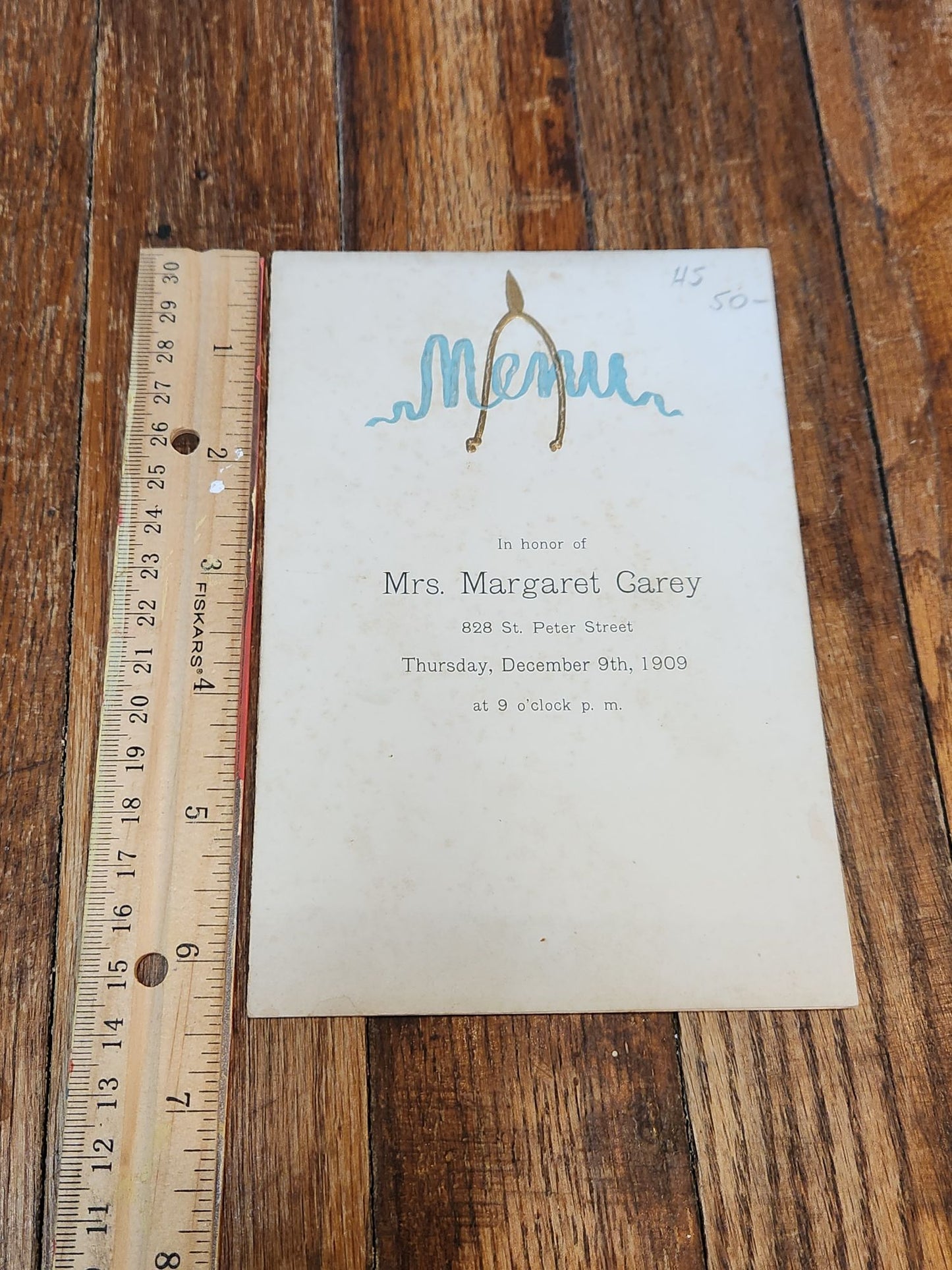 Menu in Honor of Mrs. Margaret Carey
