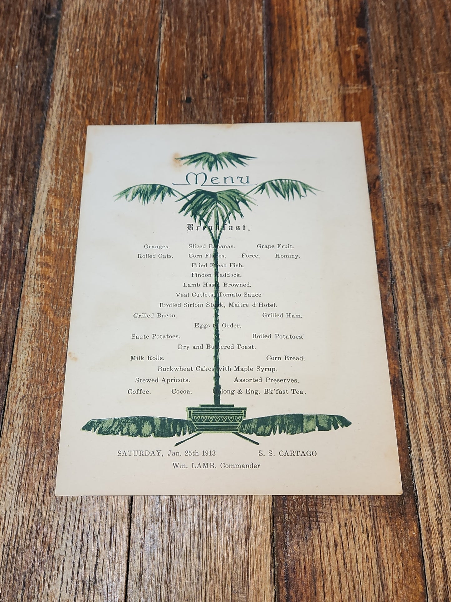 Steamship Cartago Jan. 25th 1913 United Fruit Company Menu