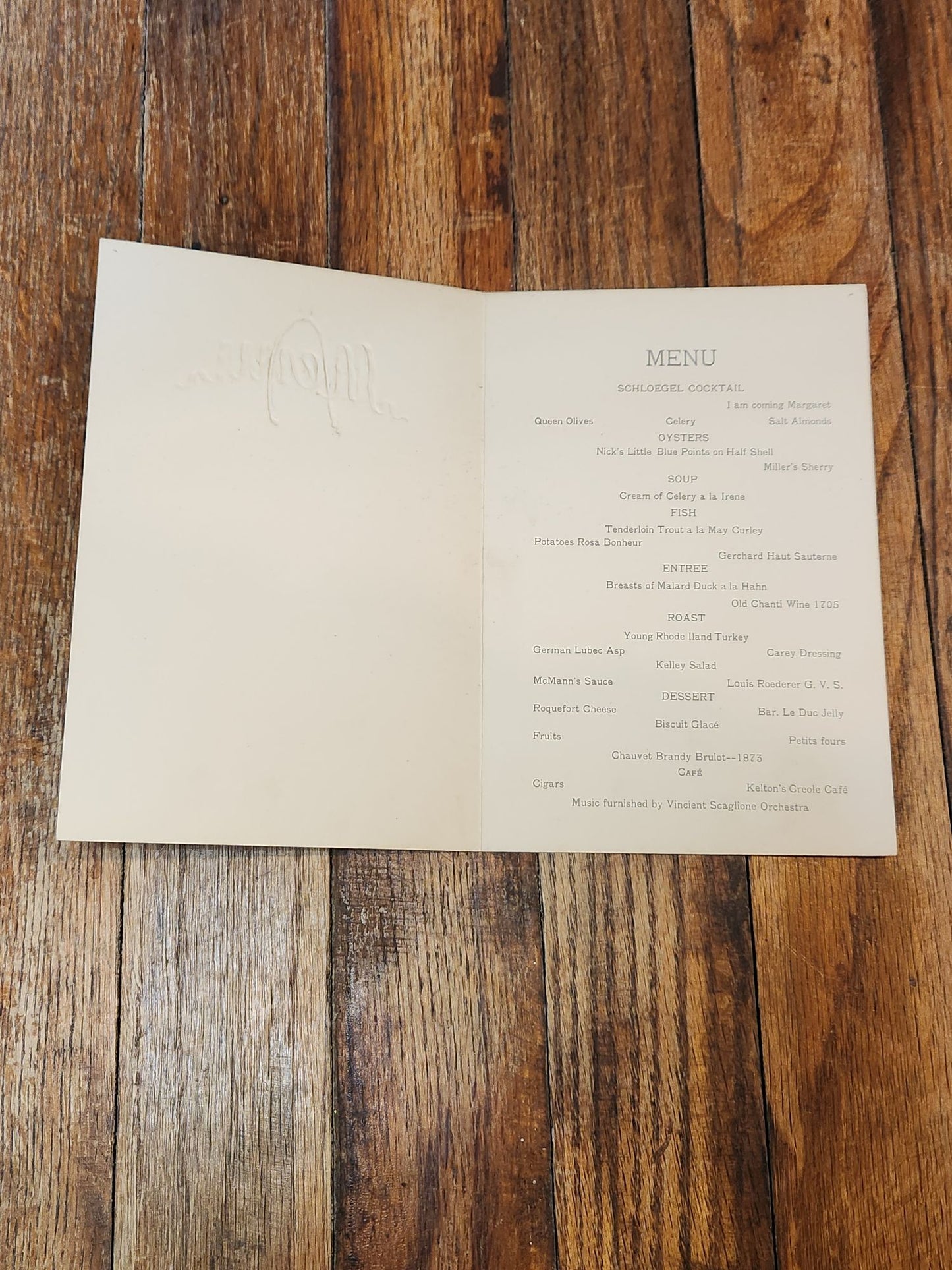 Menu in Honor of Mrs. Margaret Carey