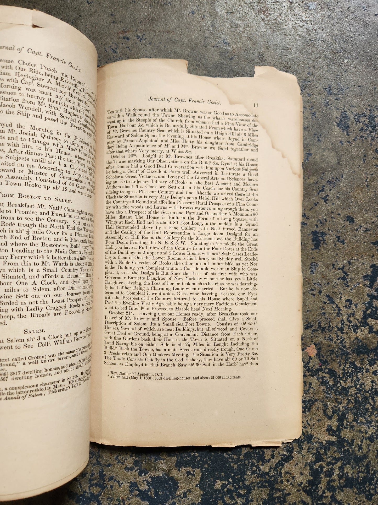 1870 Extracts from the Journal of Capt. Francis Goelet — Colonial New England Travel Account, Boston/Salem/Marblehead — Early Americana