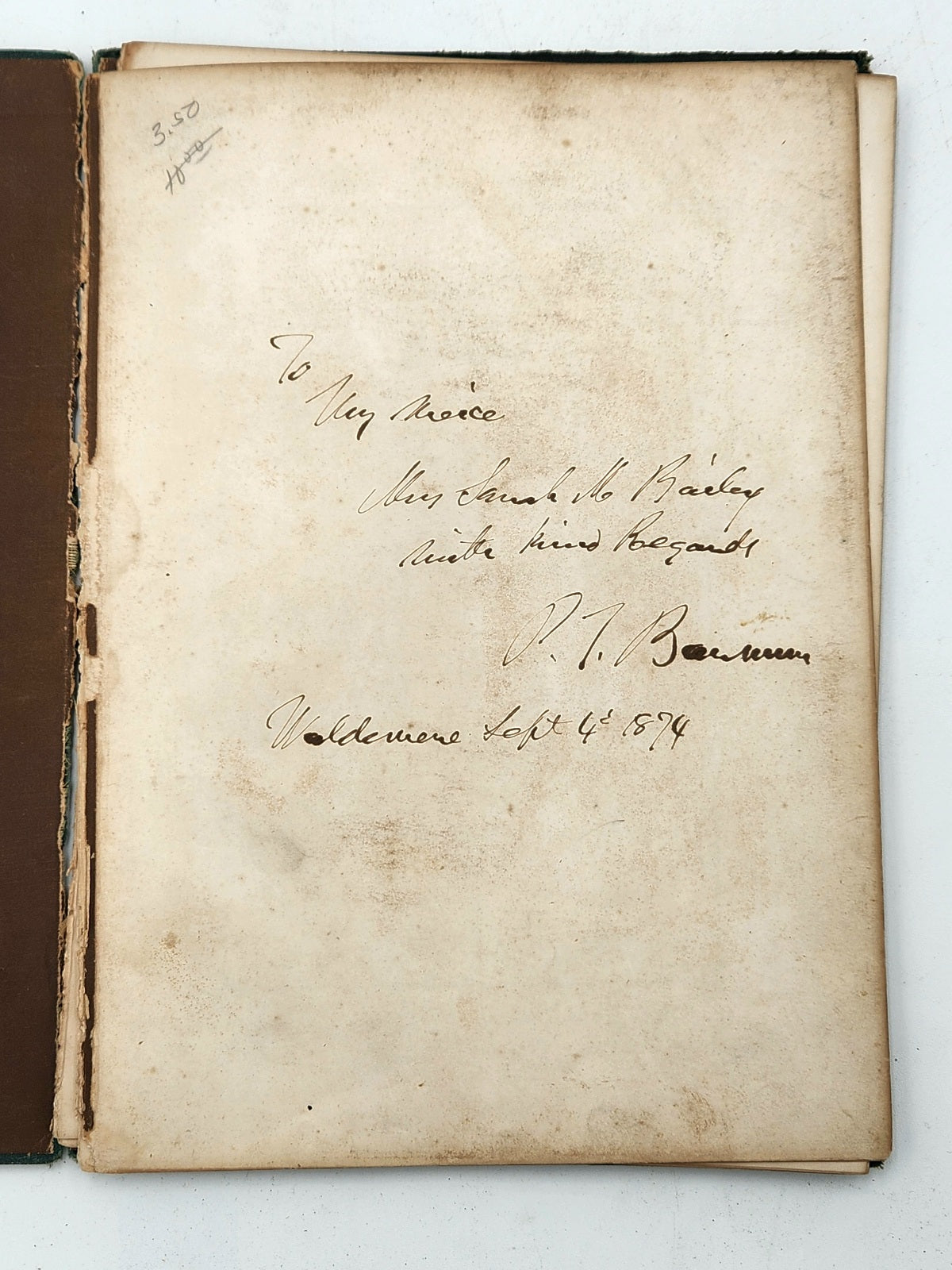 Memorial Book of Charity Barnum - Signed by P.T. Barnum to His Niece