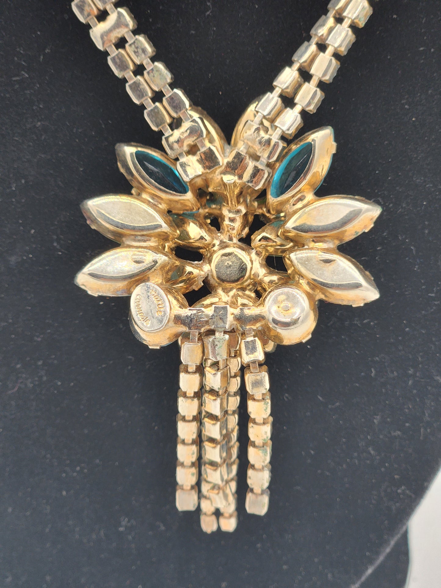 Vintage Hattie Carnegie Uranium Glass Rhinestone Flower Pendant Necklace