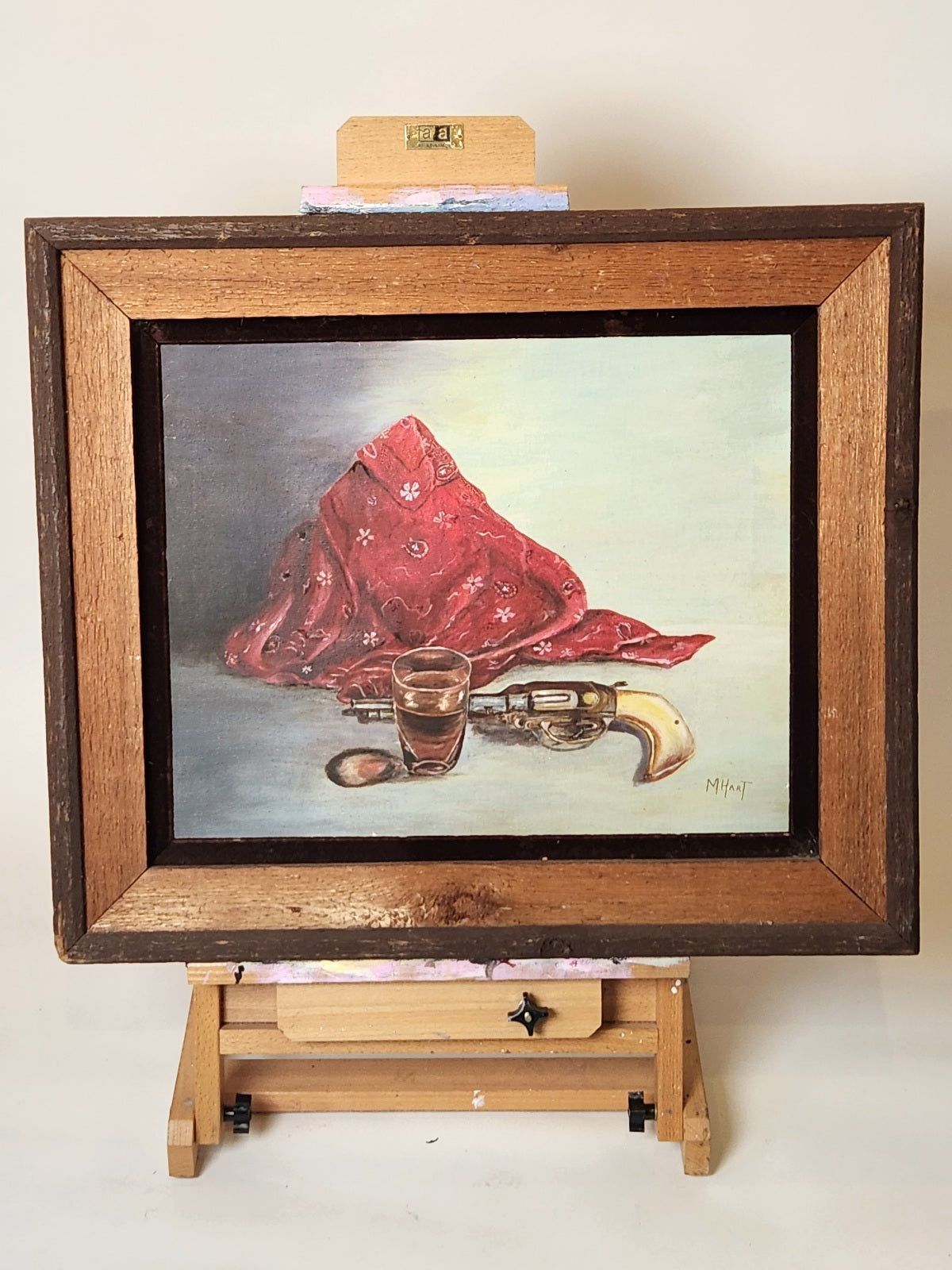 Original Painting Signed M. Hart - Gun, Whiskey, Bandanna