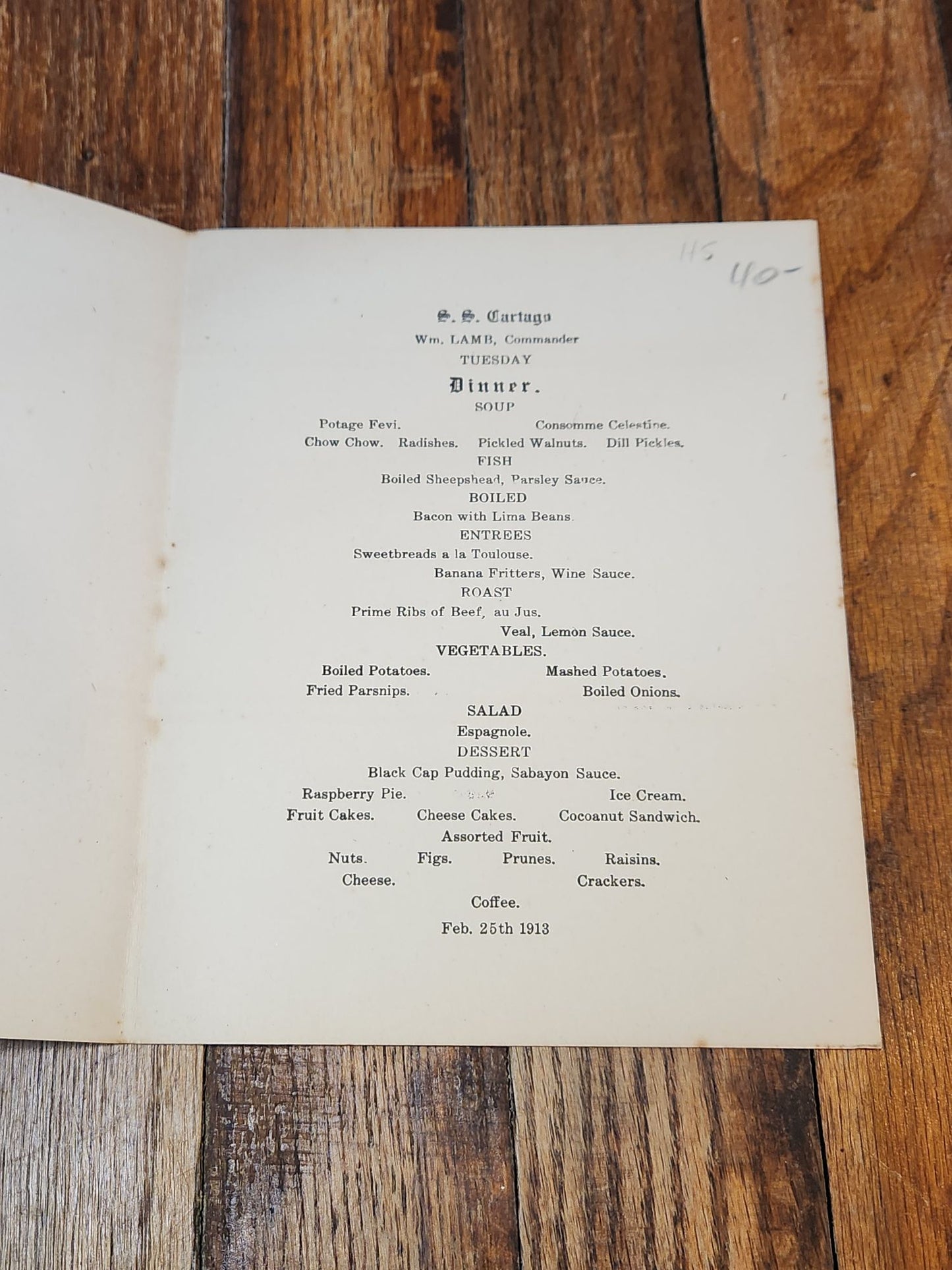 Feb. 25th 1913 United Fruit Company Menu