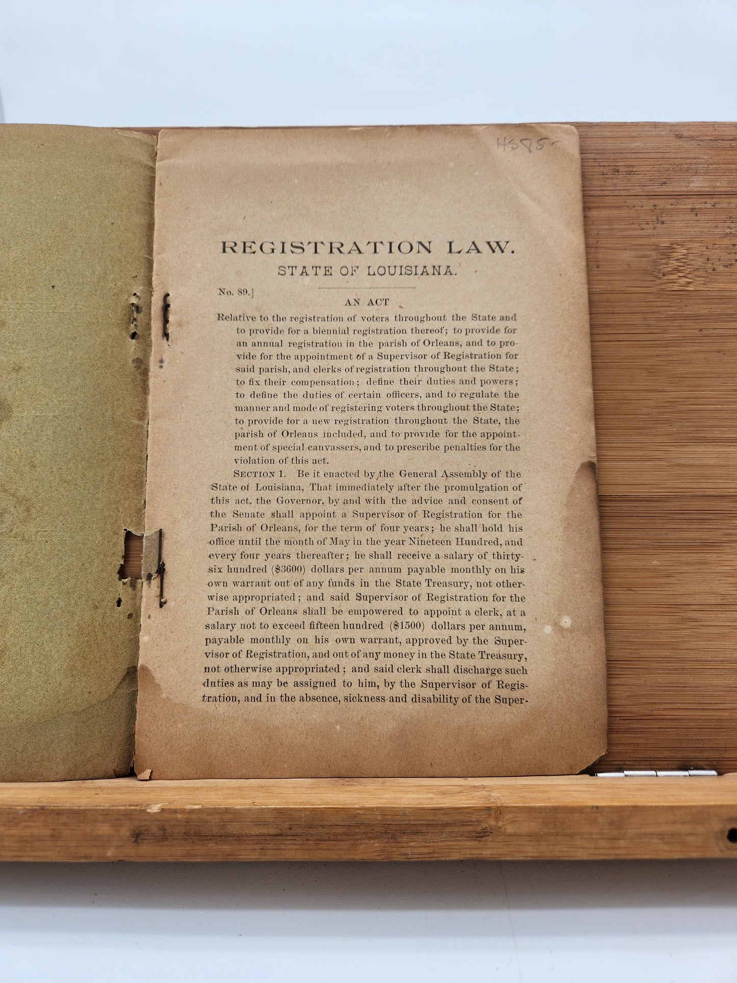 Louisiana Registration Law Act No. 89 of 1896 Jim Crow Era Voter Suppression Pamphlet
