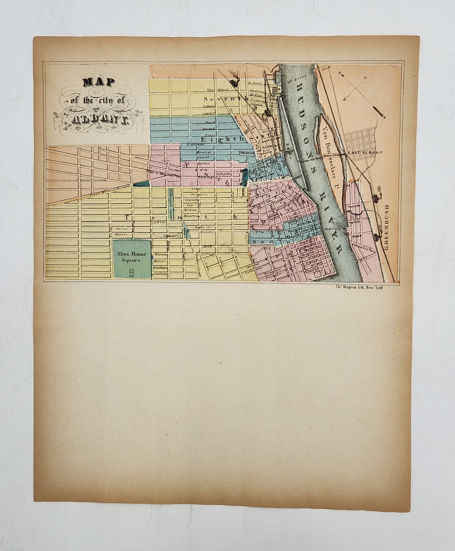 Antique Colored Lithograph Print Map of City of Albany New York Charles Magnus