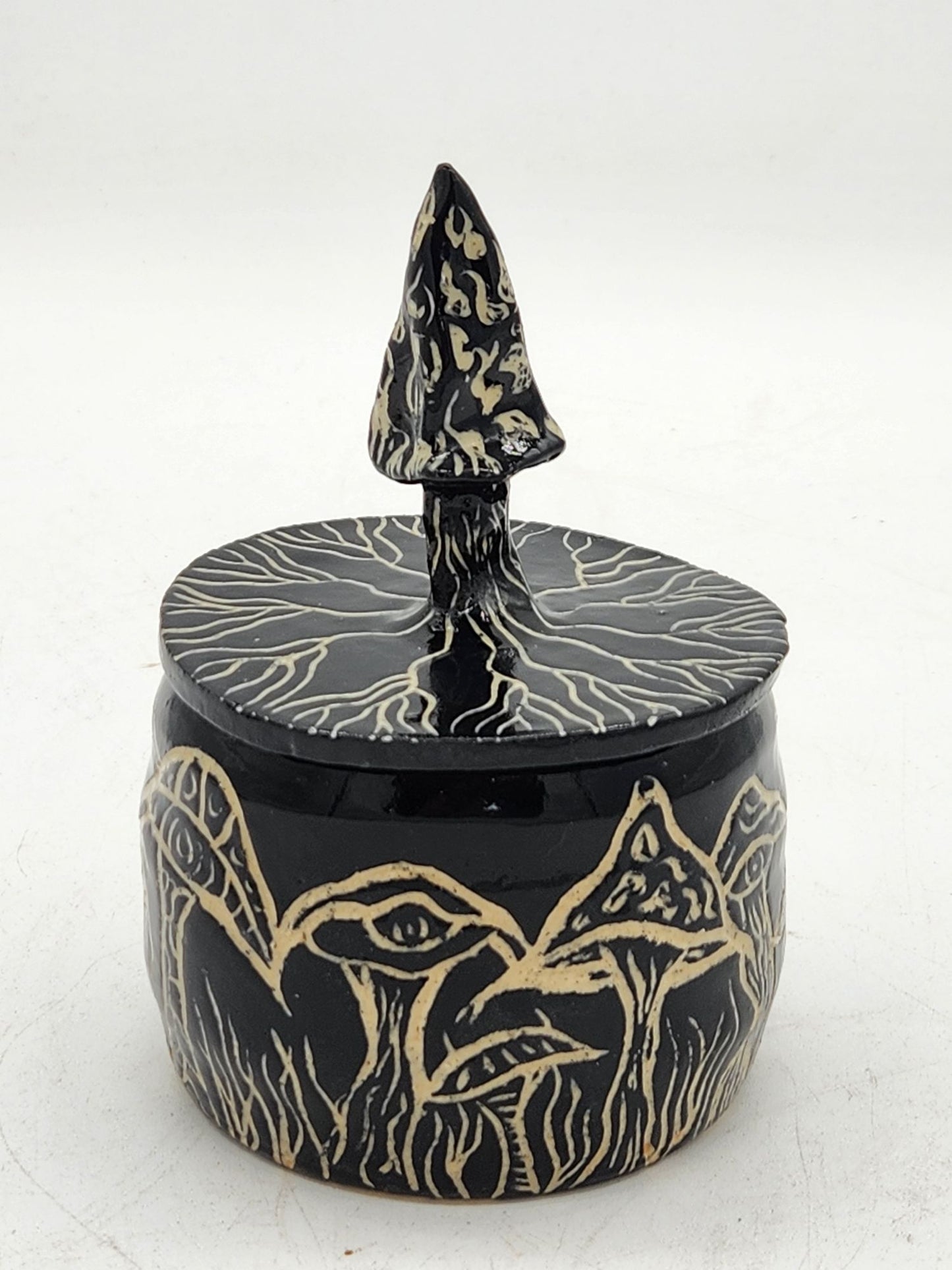 Handcrafted Sgraffito Mushroom Bowl With Lid