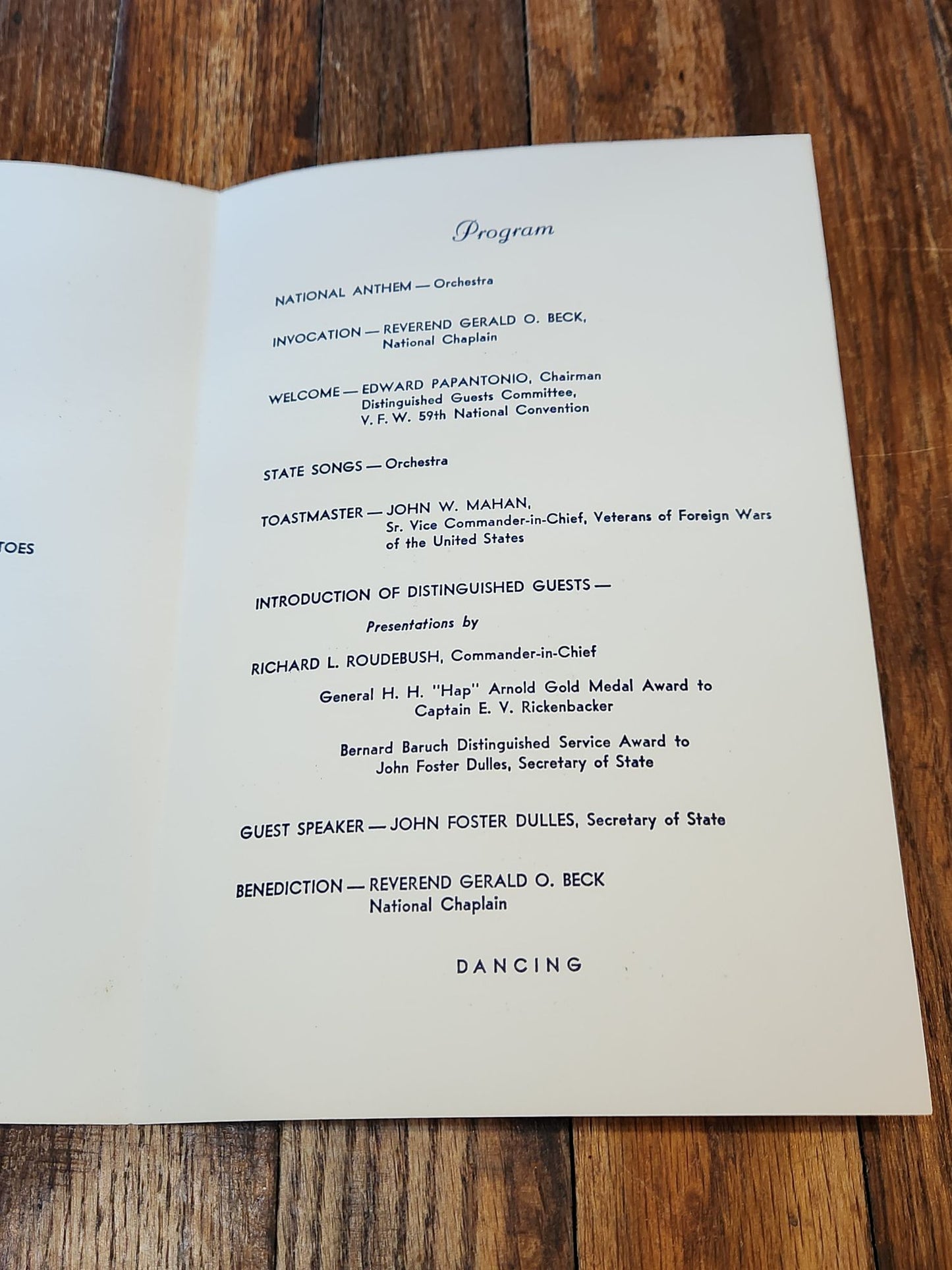 Veterans of Foreign Wars of The United States Distinguished Guests Banquet Menu