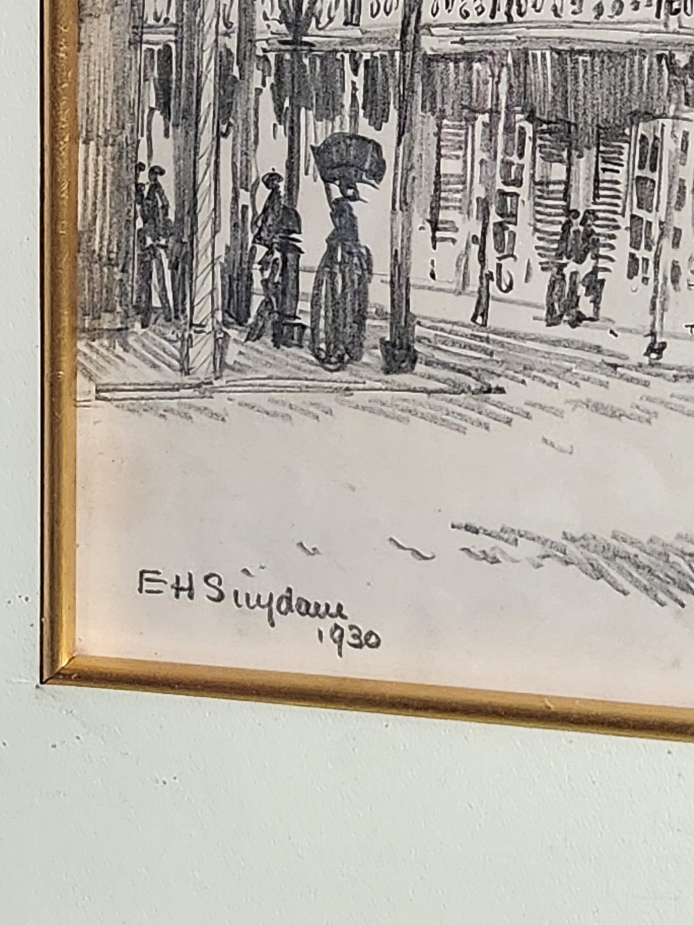 Rare Original Pencil Drawing by Edward Howard Suydam - 1930 A Café on the Place D"Armes