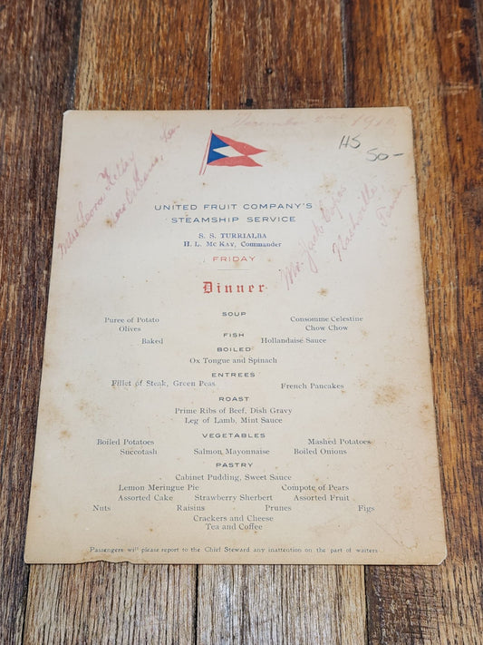S.S. Turrialba United Fruit Company's Steamship Service Menu