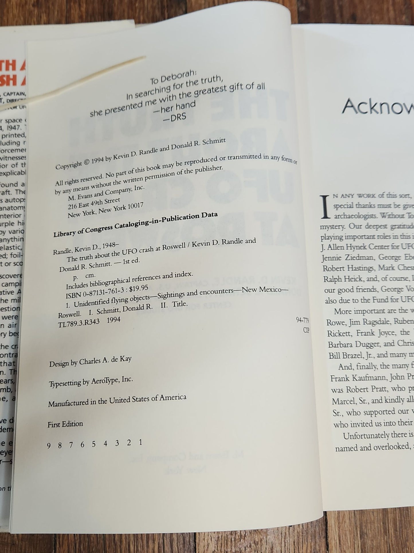 The Truth About the UFO Crash at Roswell – 1994 First Edition Hardcover – Signed by Donald R. Schmitt – UFO Alien Roswell Incident Book