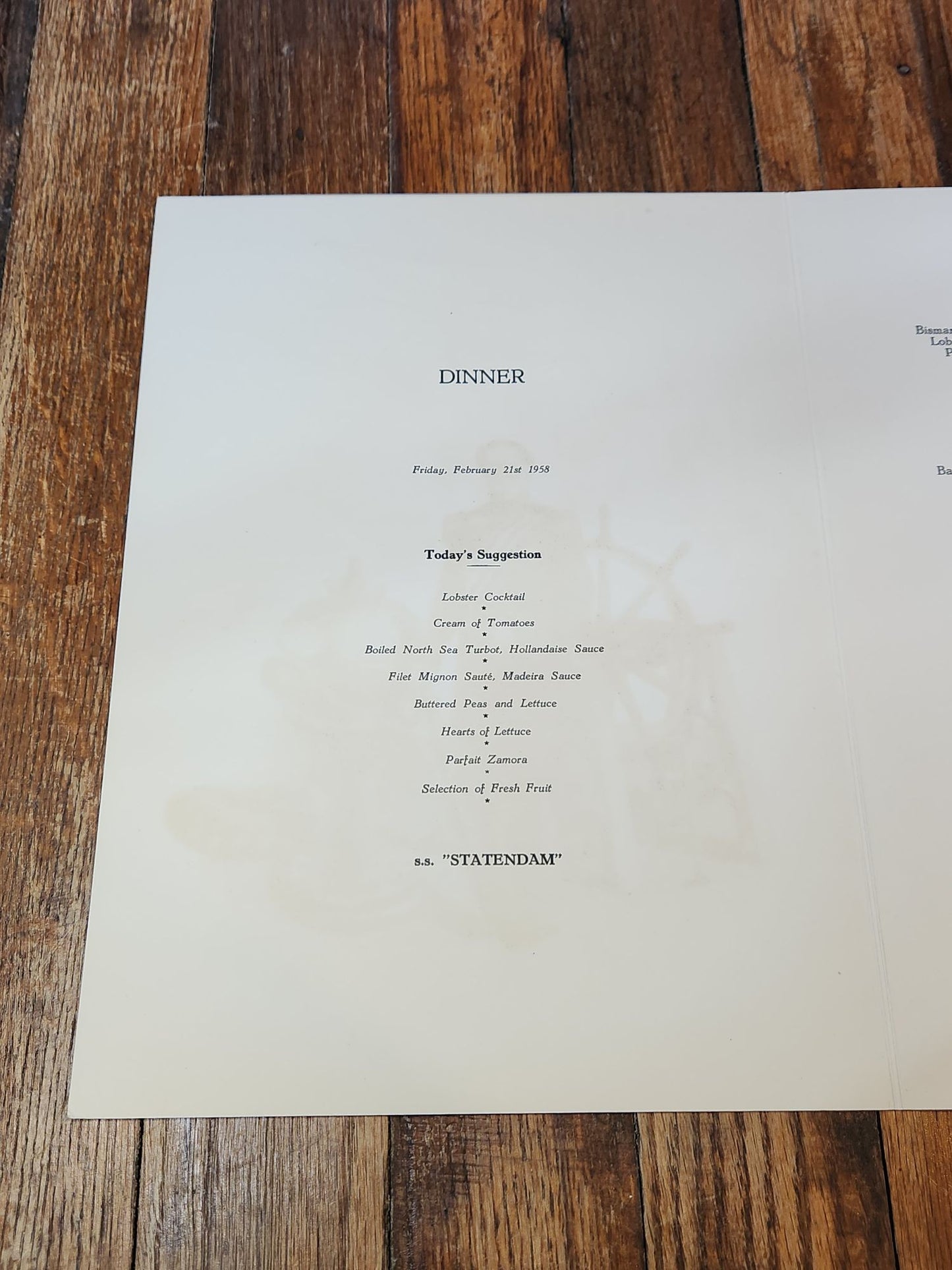 Vice Admiral J. May Holland-America Line Menu