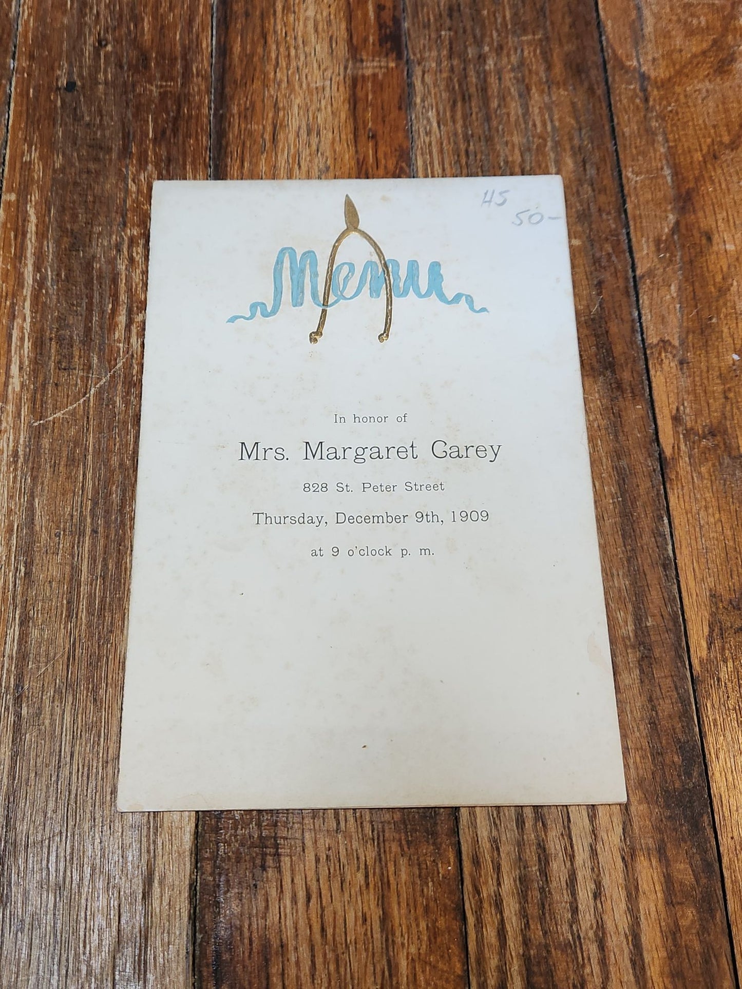 Menu in Honor of Mrs. Margaret Carey