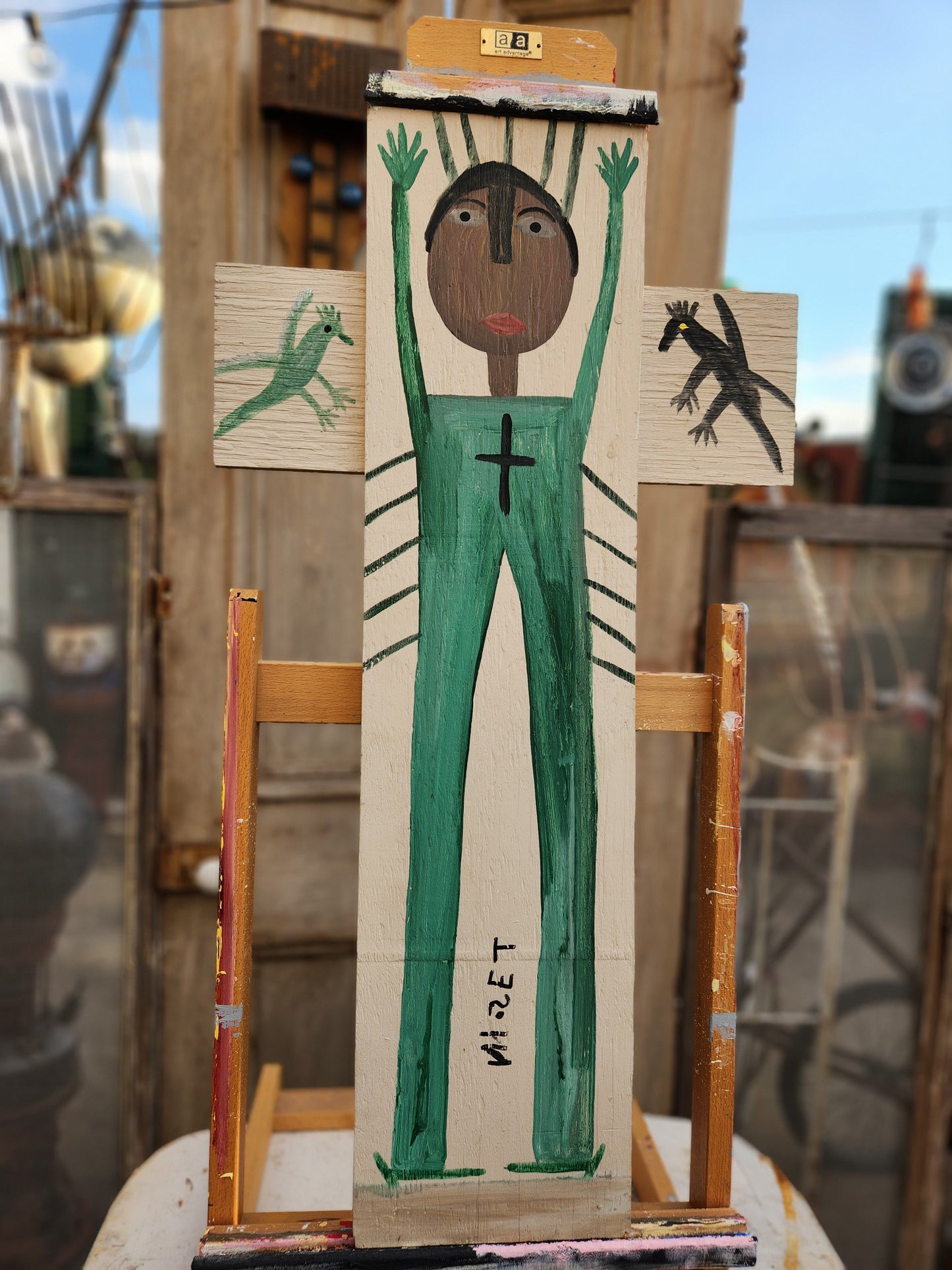 Mose Tolliver “Mose T” Original Folk Art Painting – Standing Figure with Cross – Alabama Outsider Artist