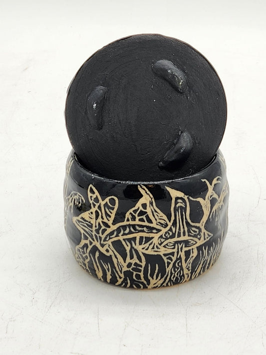 Handcrafted Sgraffito Mushroom Bowl With Lid