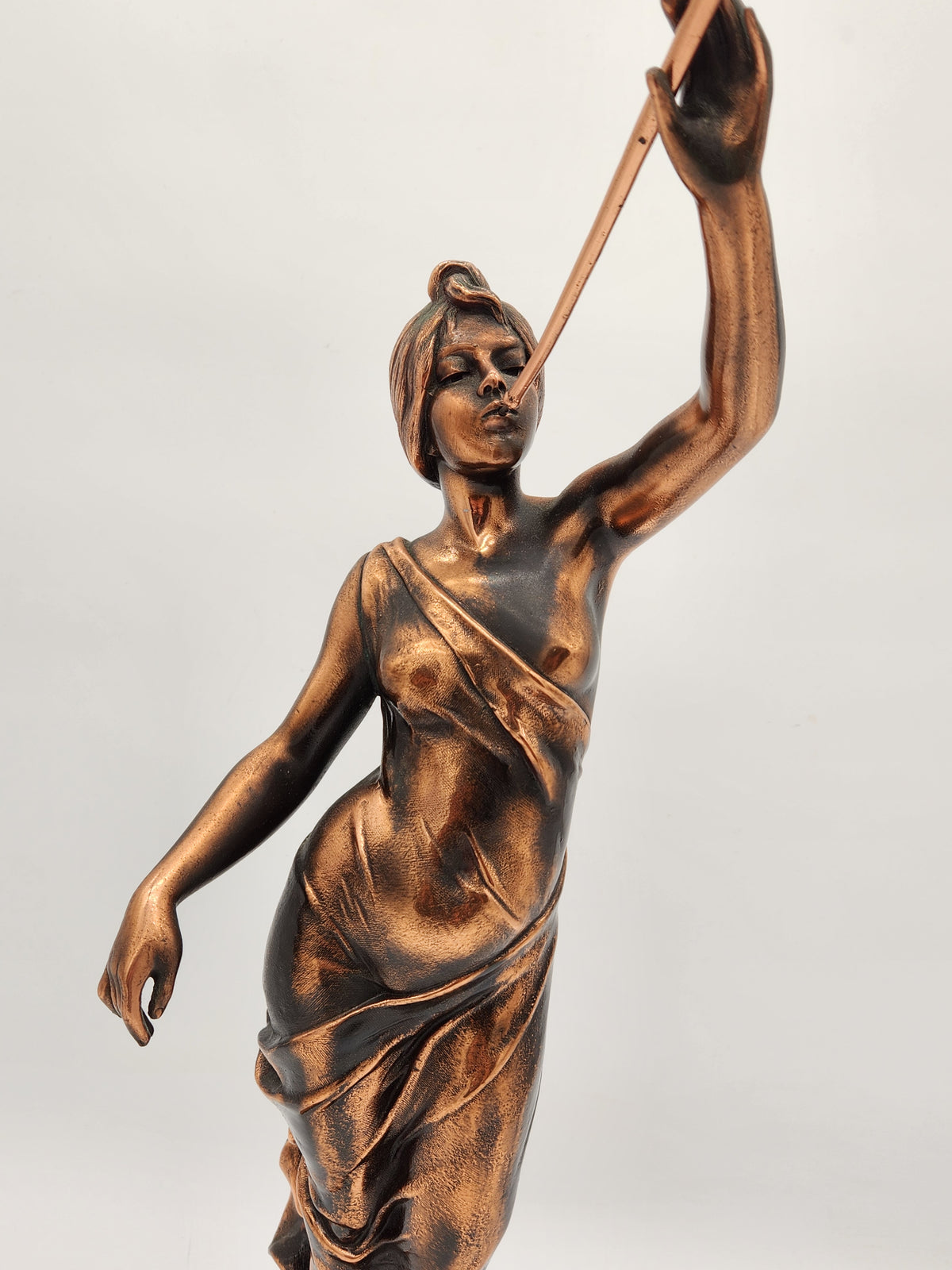 Vintage Art Nouveau Aurora Goddess of Dawn Trumpet Statue Bronze Patinated Spelter