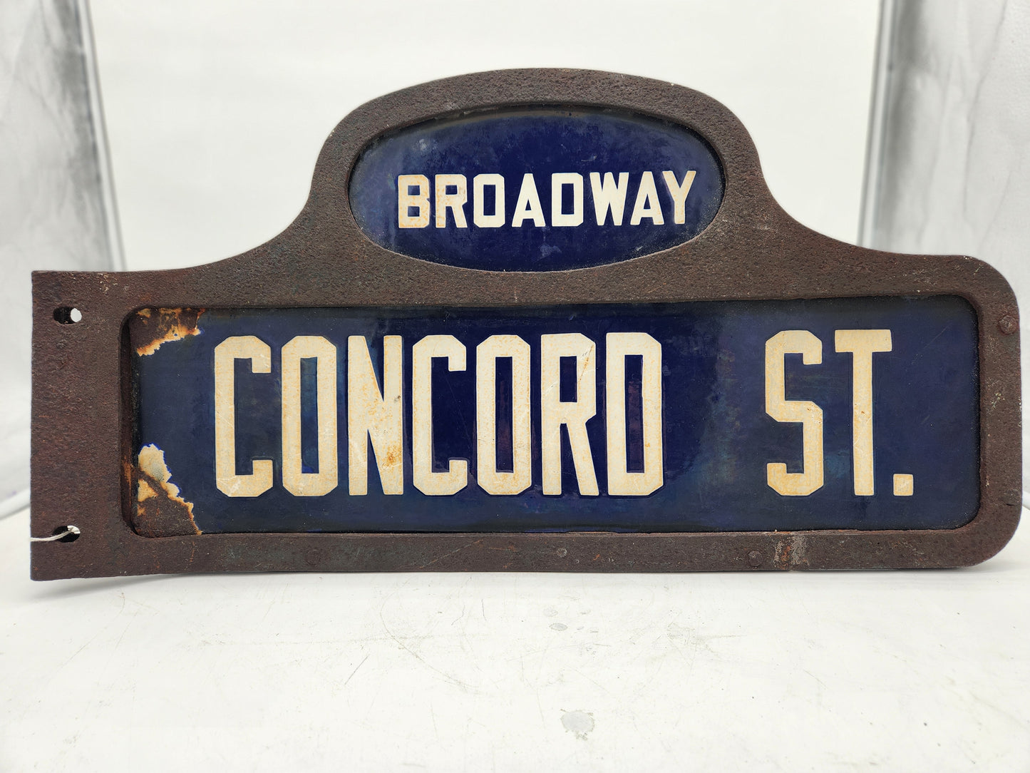 Antique Porcelain Street Sign BROADWAY CONCORD ST Cast Iron Humpback Corner