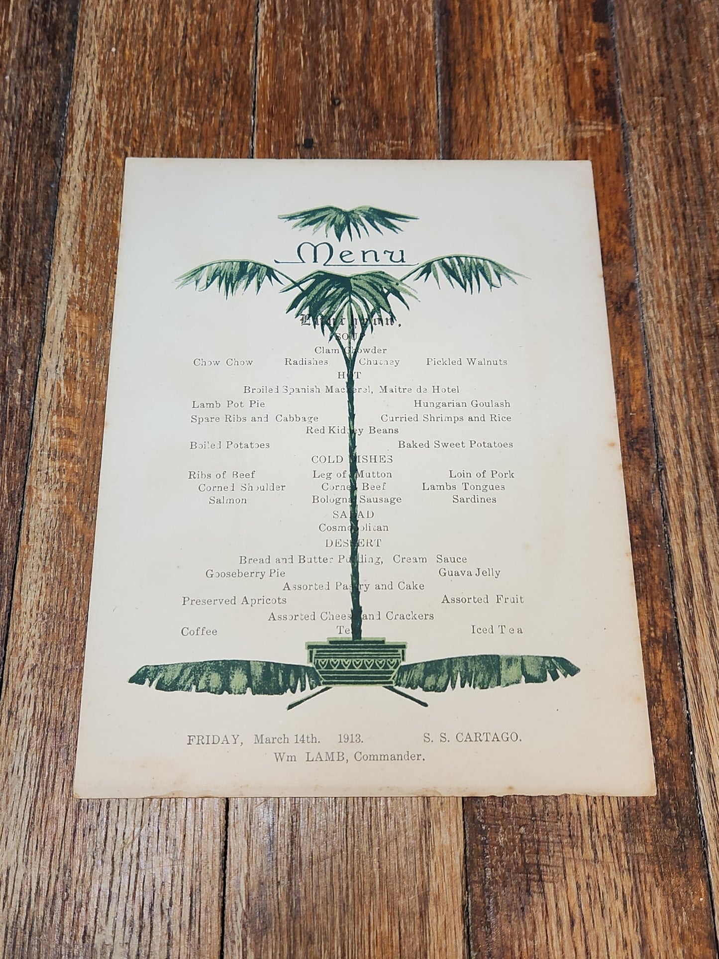 Steamship Cartago March 14th 1913 United Fruit Company Menu