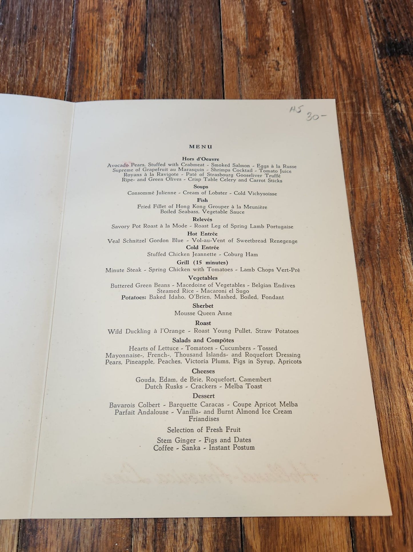 Little Dutch Boy Holland-America Line Menu
