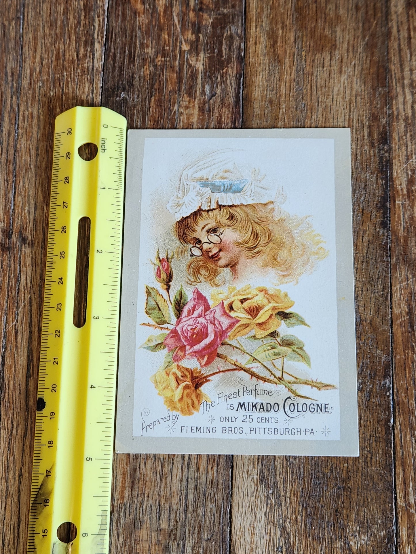 Victorian Trade Card Mikado Cologne Fleming Bros Pittsburgh Perfume Roses 1890s