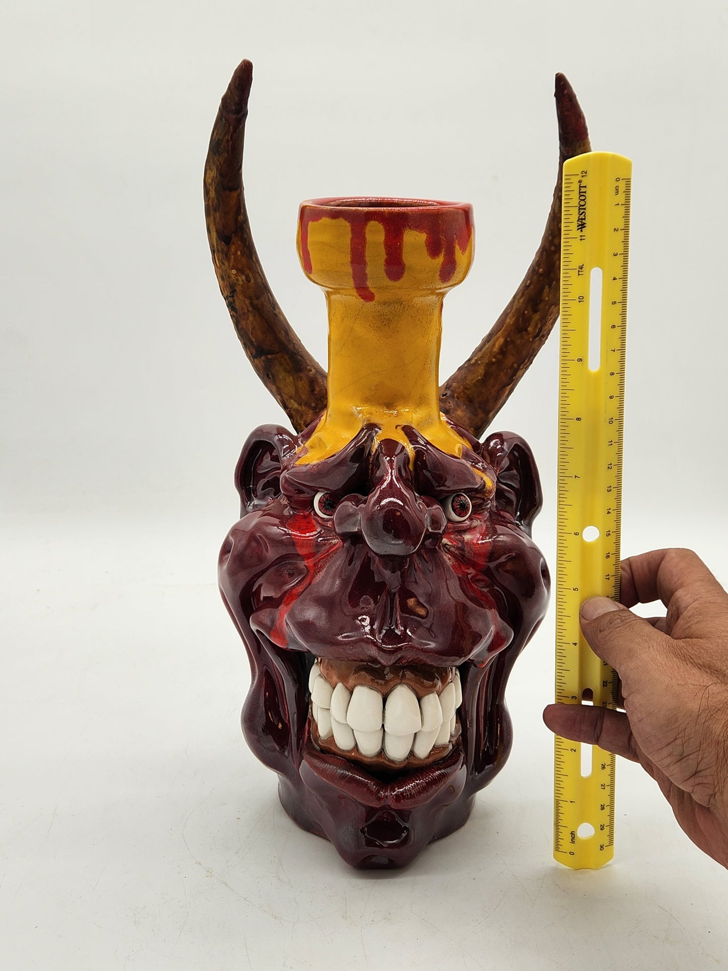 One-of-a-Kind Horned Demon Sculpture – Studio Art Pottery Face Jug – Signed & Marked