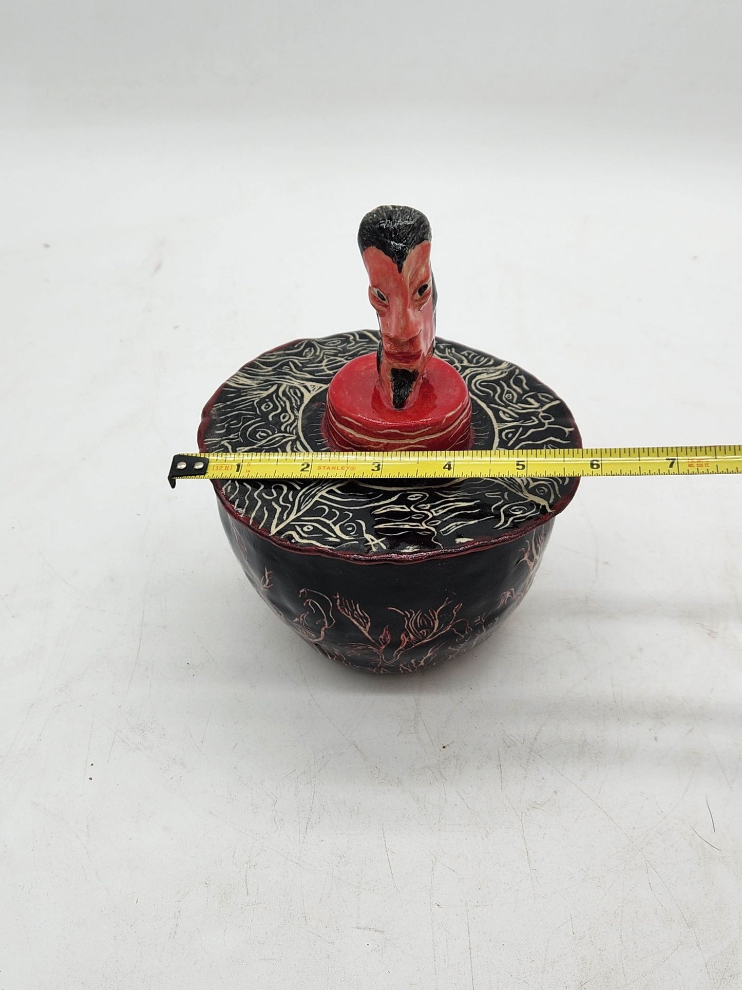 Handcrafted Sgraffito Devil Bowl With Lid