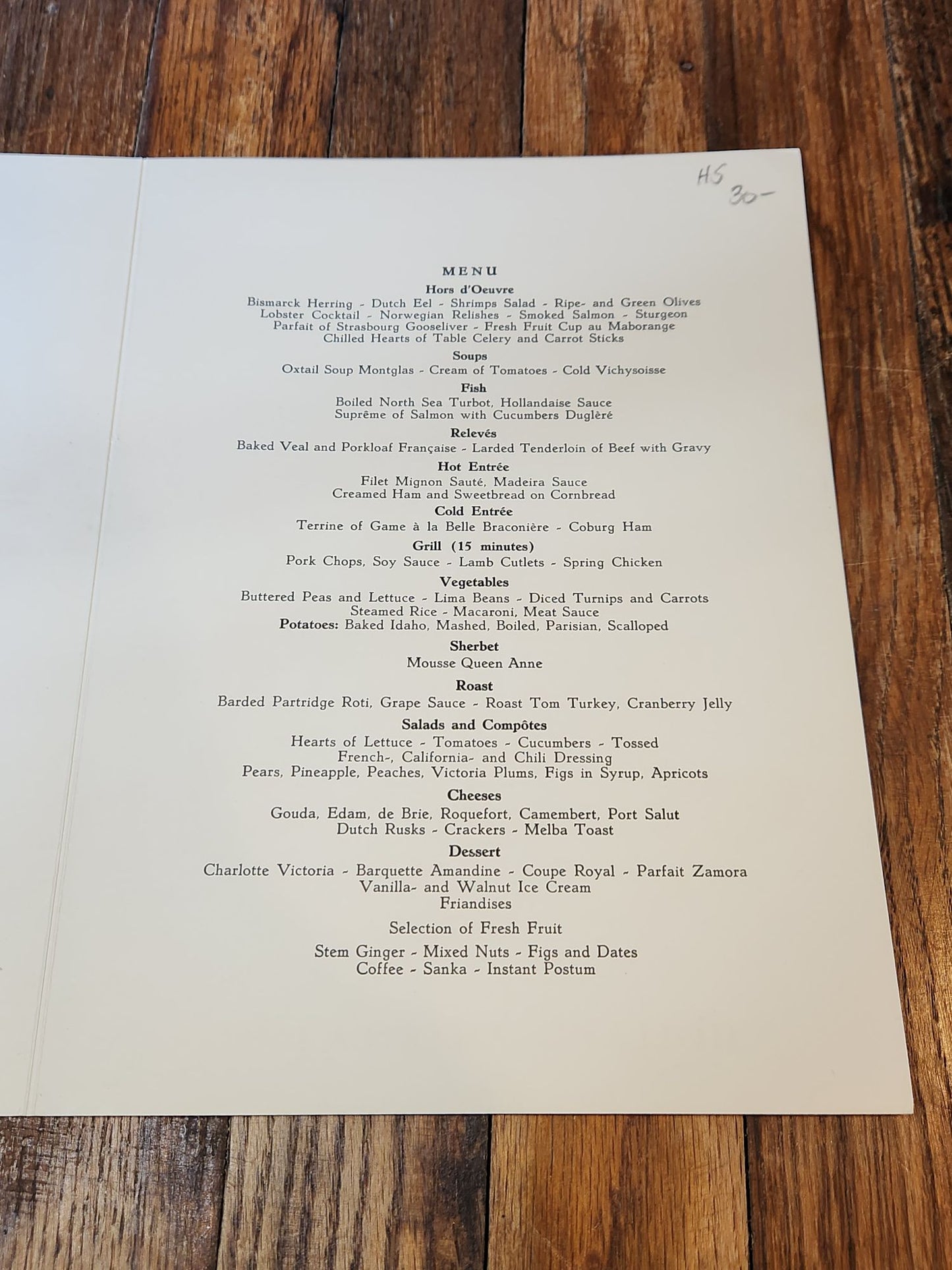 Vice Admiral J. May Holland-America Line Menu