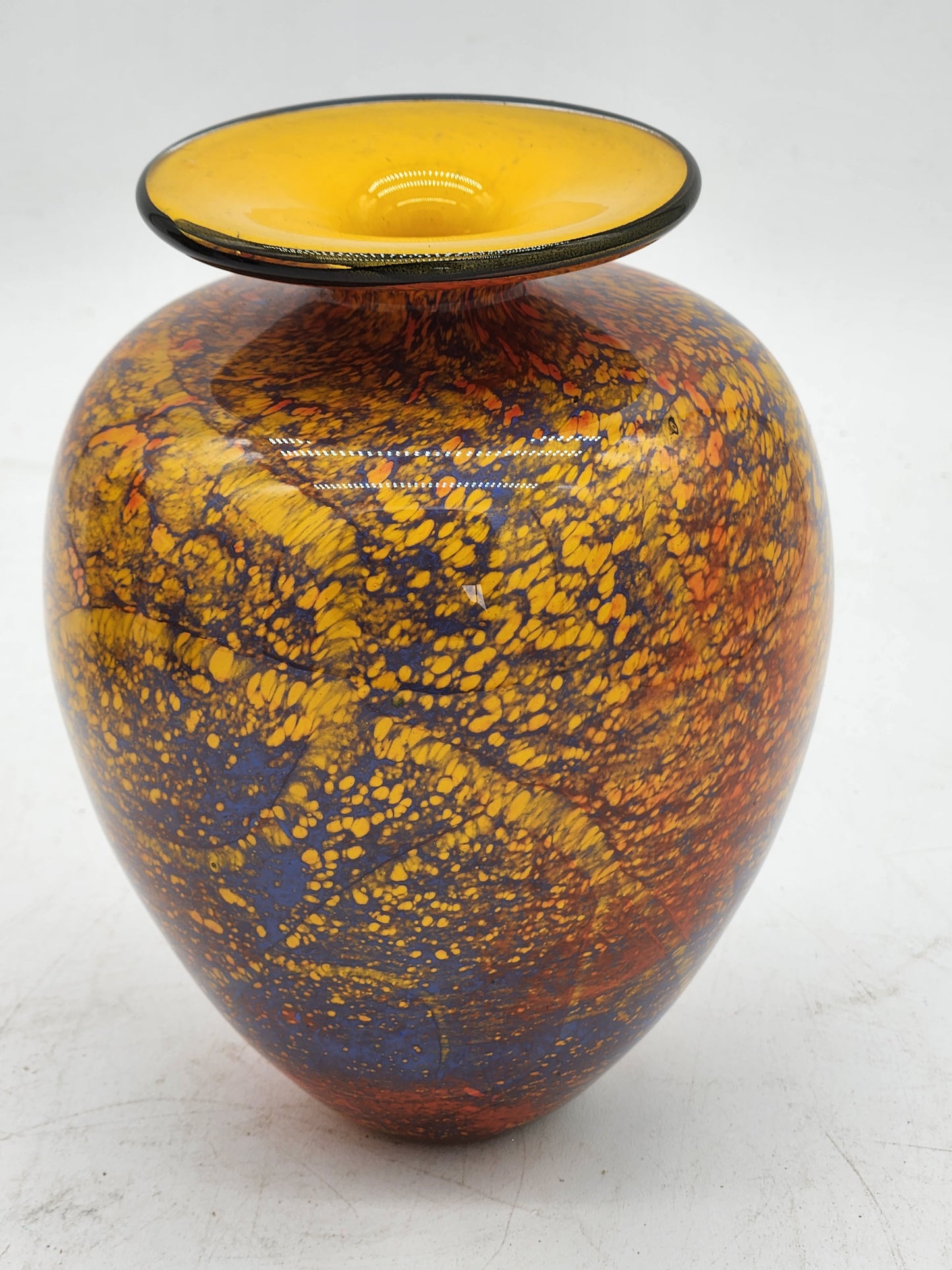 Ioan Nemtoi Signed Studio Art Glass Vase 6.5" Blue Amber Yellow Romanian Blown Glass