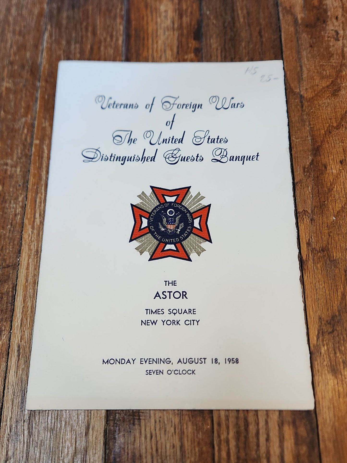 Veterans of Foreign Wars of The United States Distinguished Guests Banquet Menu