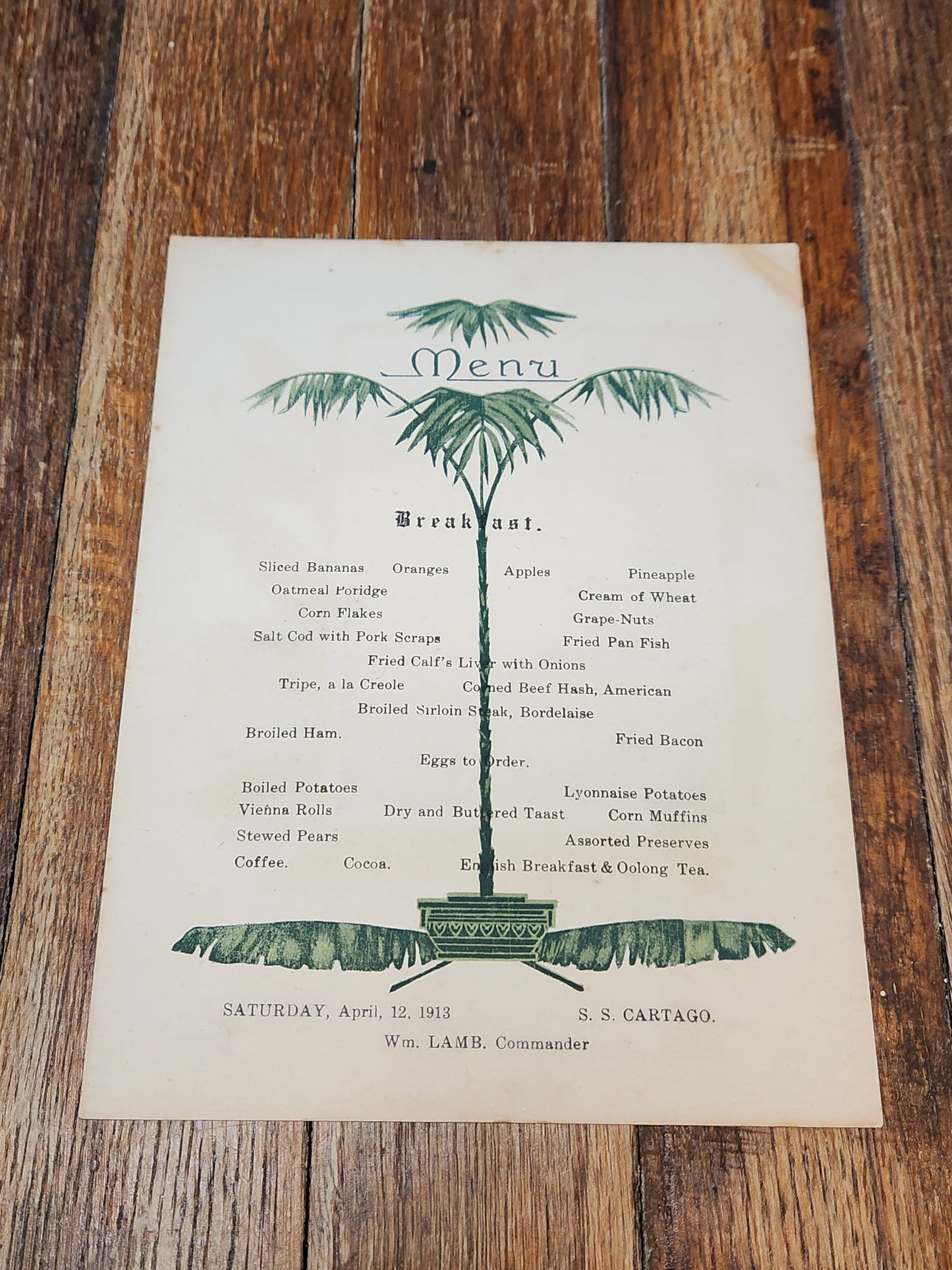 Steamship Cartago April 12 1913 United Fruit Company Menu