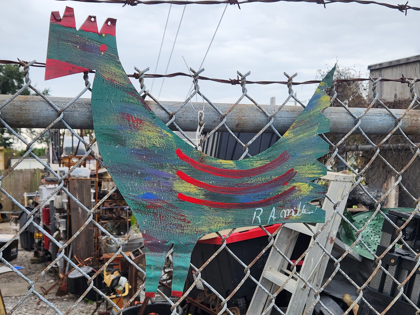 R.A. Miller Folk Art Chicken Cut-Out – Hand-Painted Metal Tin – 17x14 – Signed R A Miller – Georgia Outsider Artist