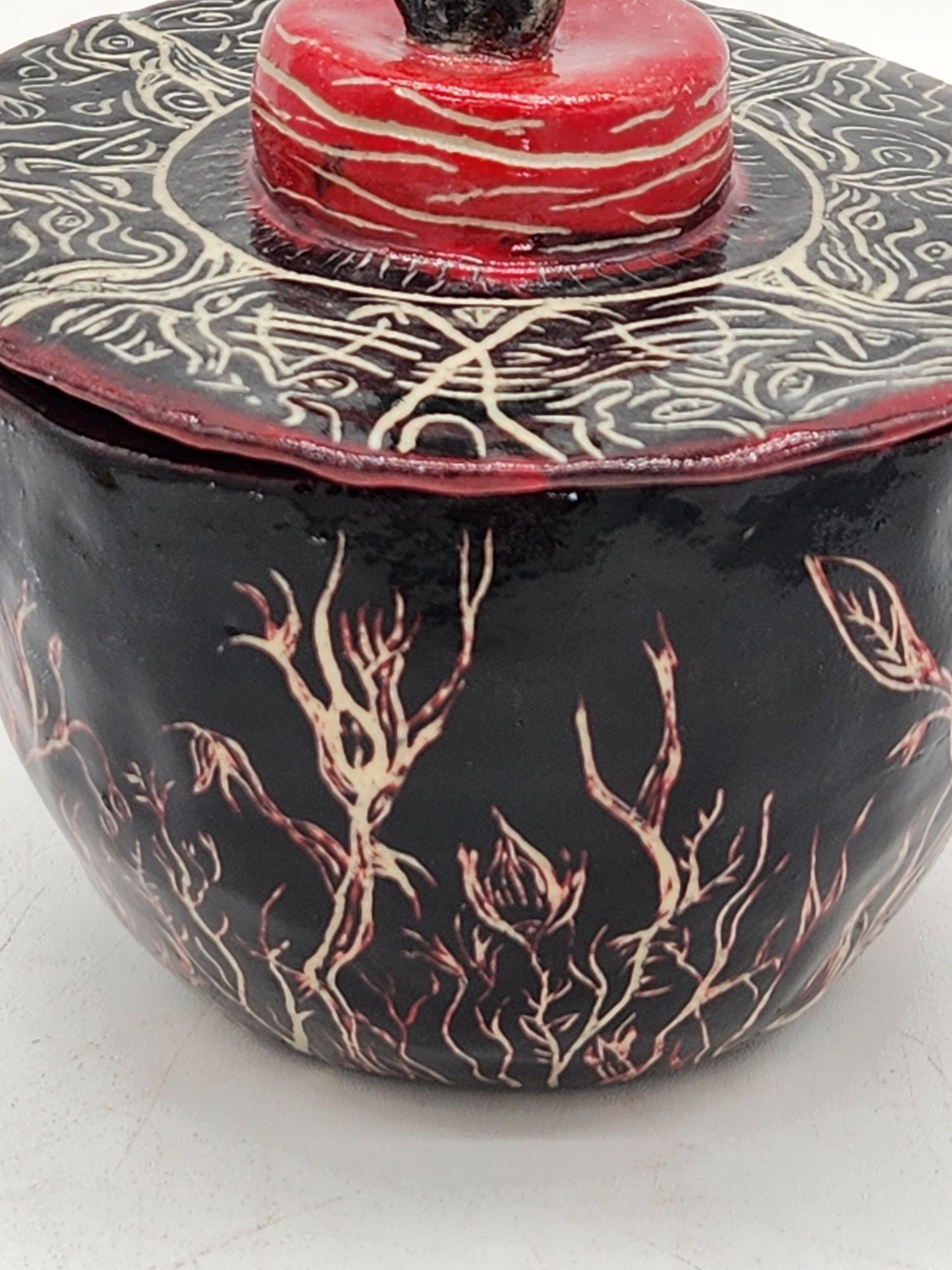 Handcrafted Sgraffito Devil Bowl With Lid