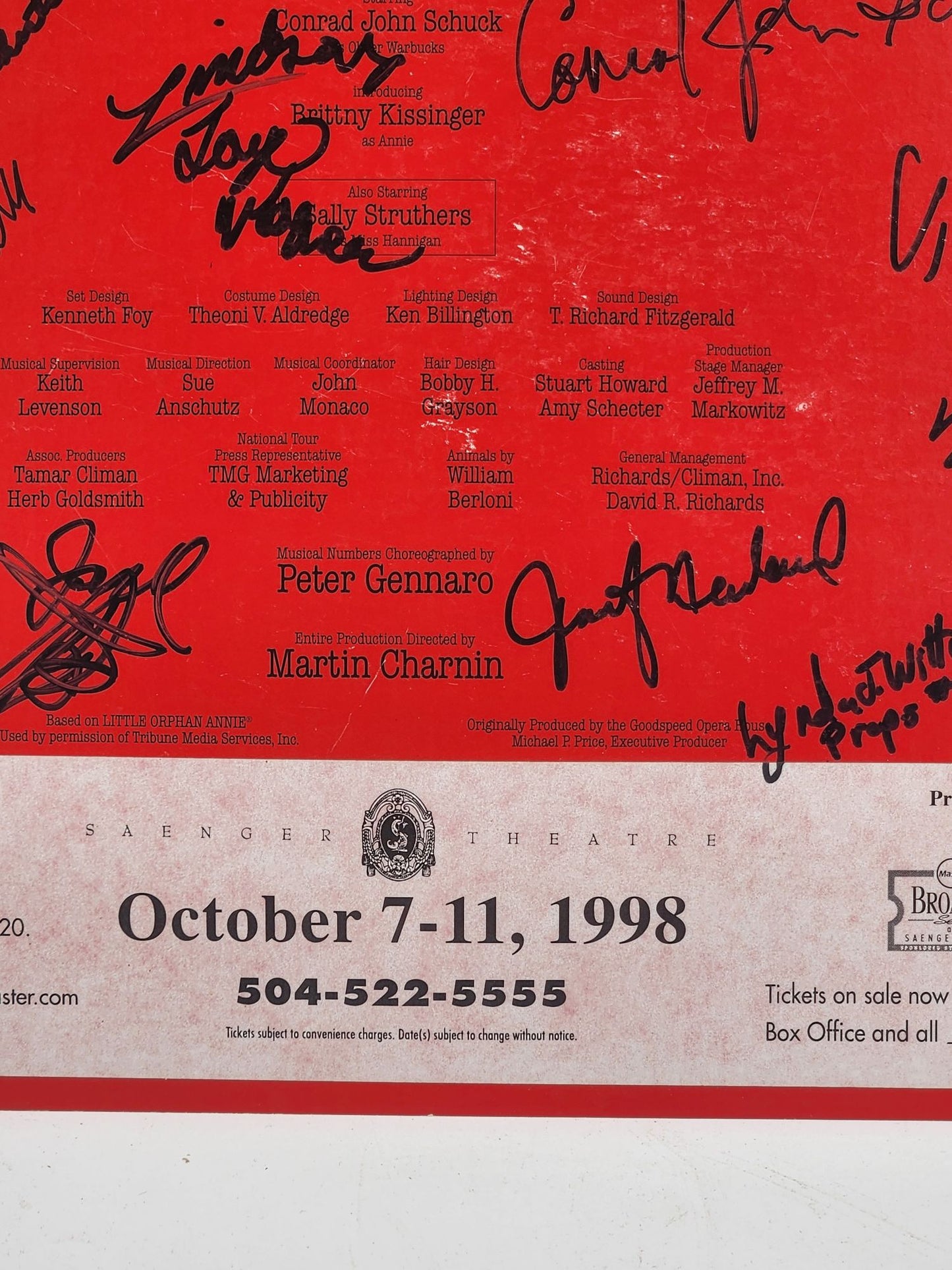 Annie Musical Window Card Signed by Sally Stuthers and the Rest of the Cast
