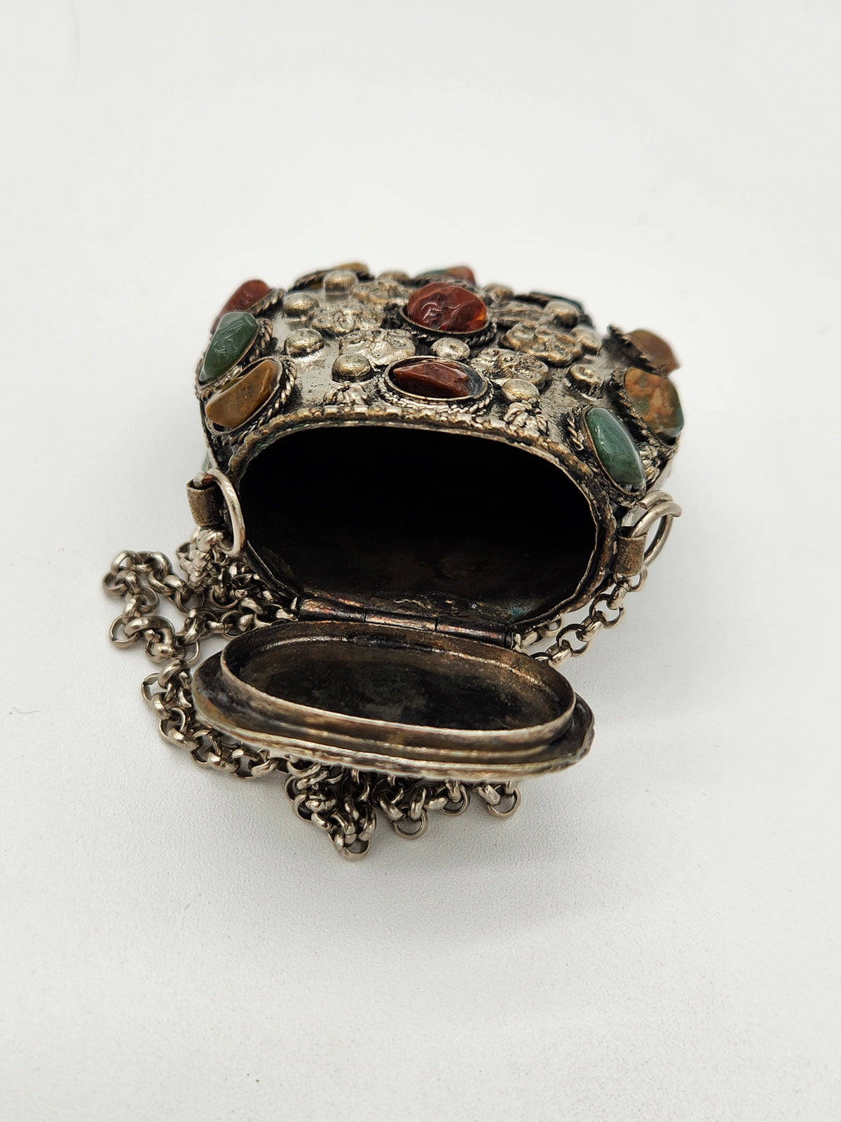 Antique 1920s Art Deco Jeweled Chatelaine Coin Purse Box Agate Carnelian Hardstone