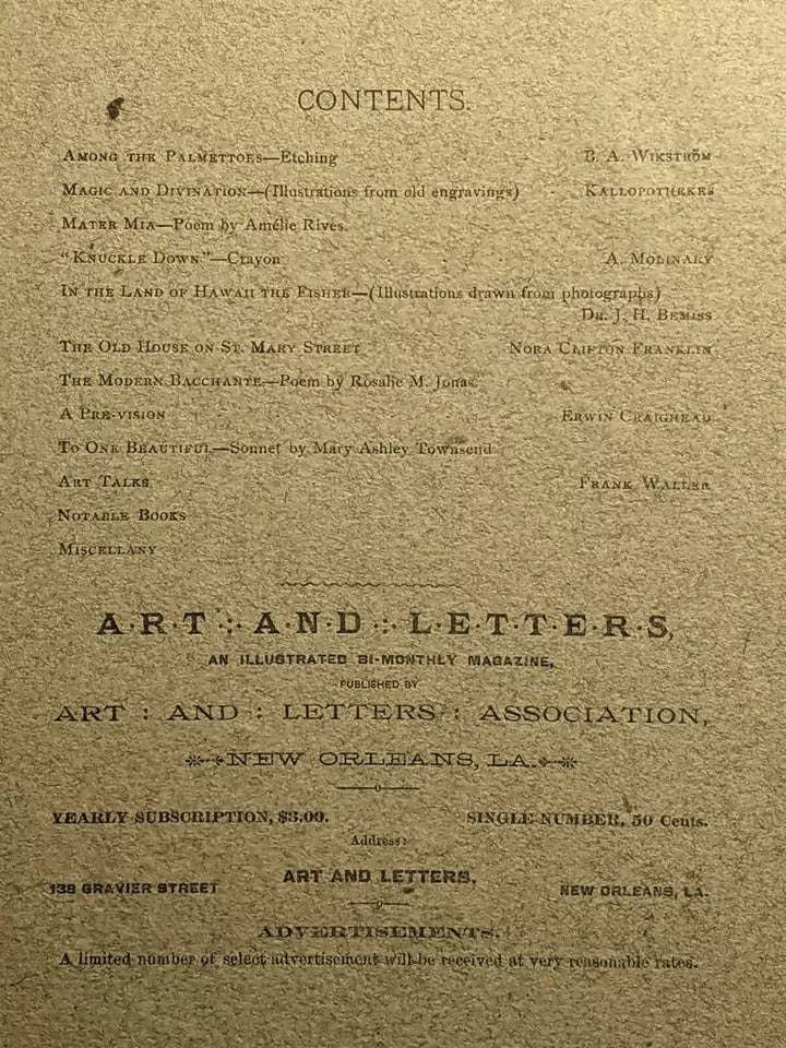 October 1887 Art & Letters Magazine New Orleans Featuring Lead Article on Magic & Divination
