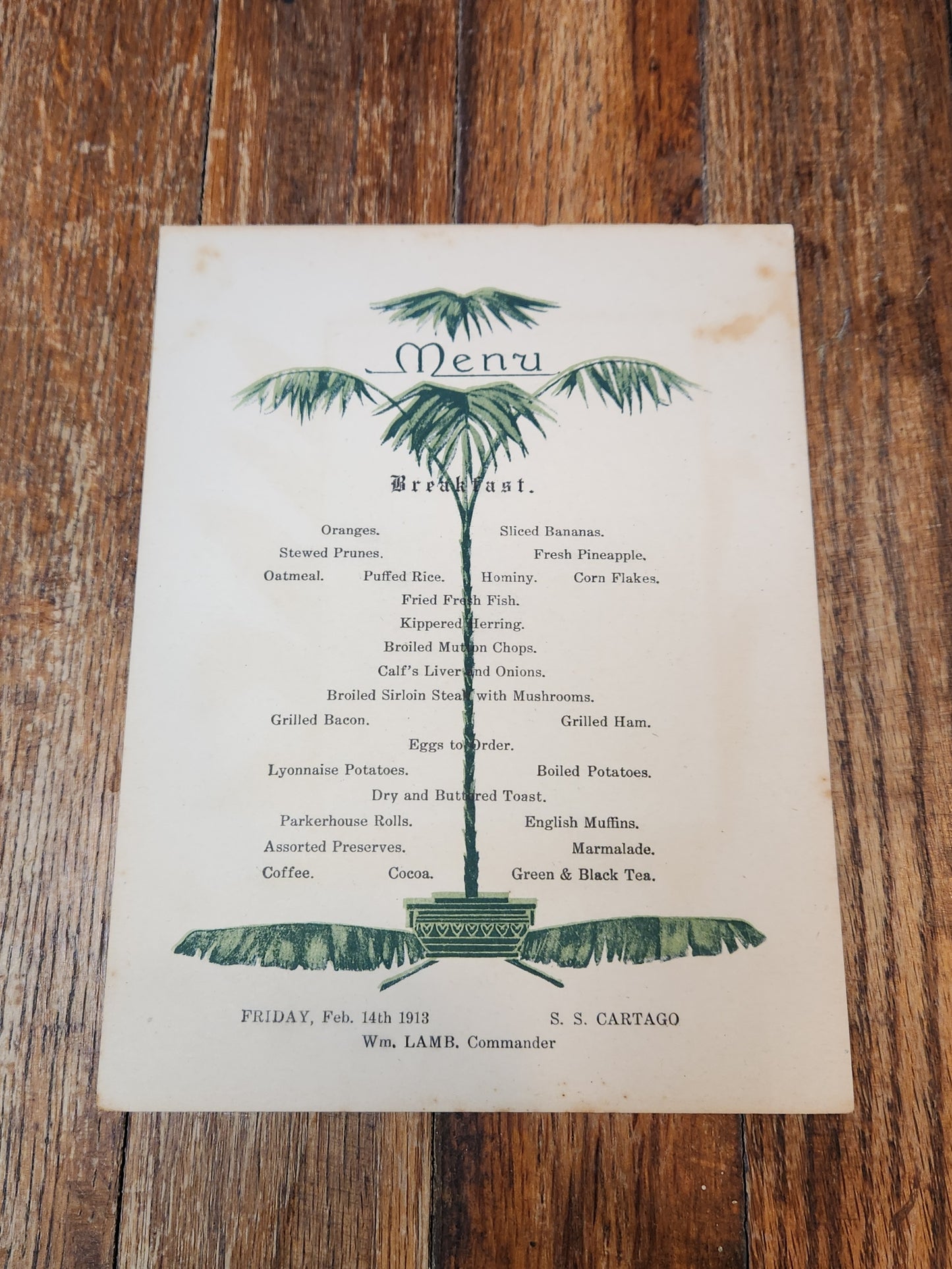 Steamboat Cartago Feb. 14th 1913 United Fruit Company Breakfast Menu