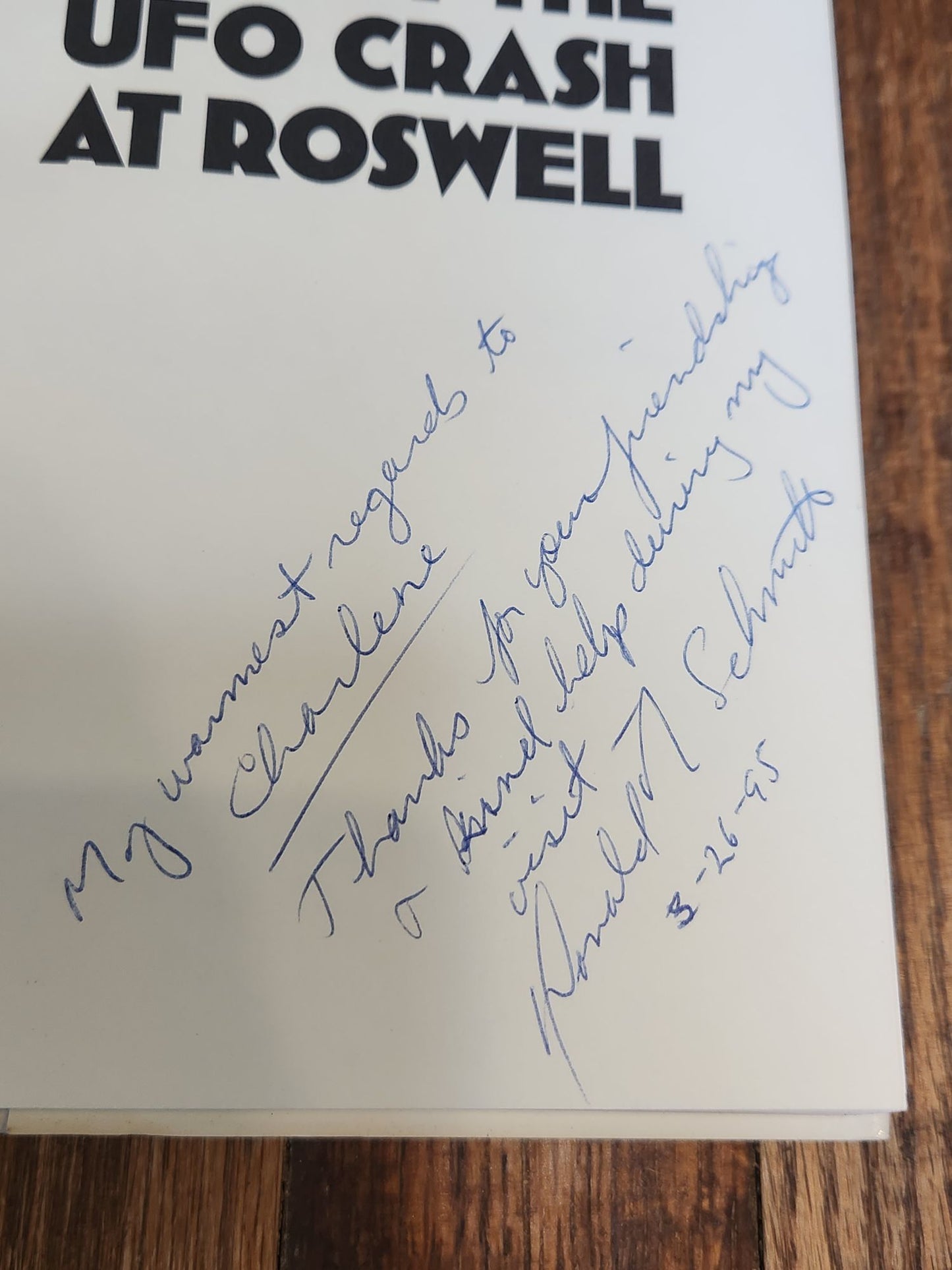 The Truth About the UFO Crash at Roswell – 1994 First Edition Hardcover – Signed by Donald R. Schmitt – UFO Alien Roswell Incident Book