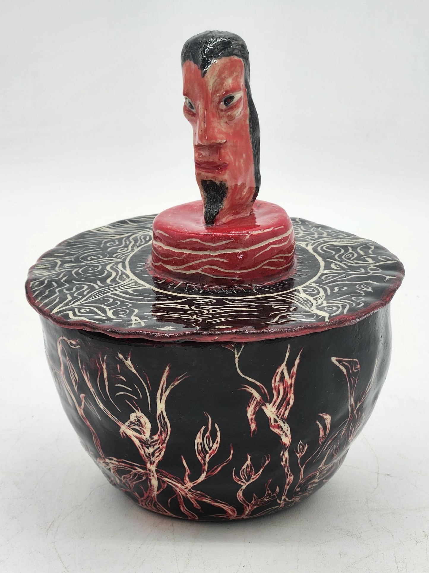 Handcrafted Sgraffito Devil Bowl With Lid