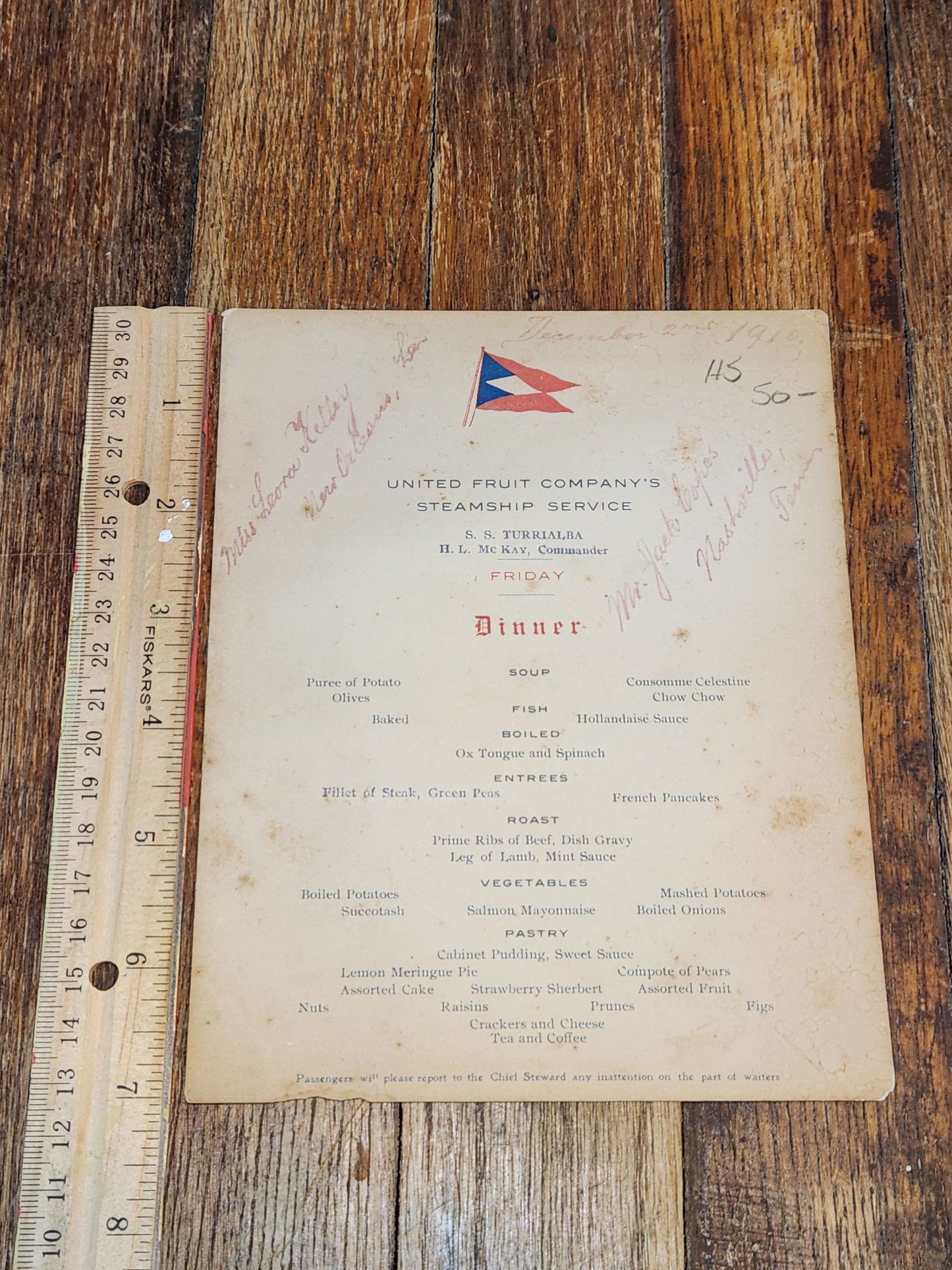 S.S. Turrialba United Fruit Company's Steamship Service Menu