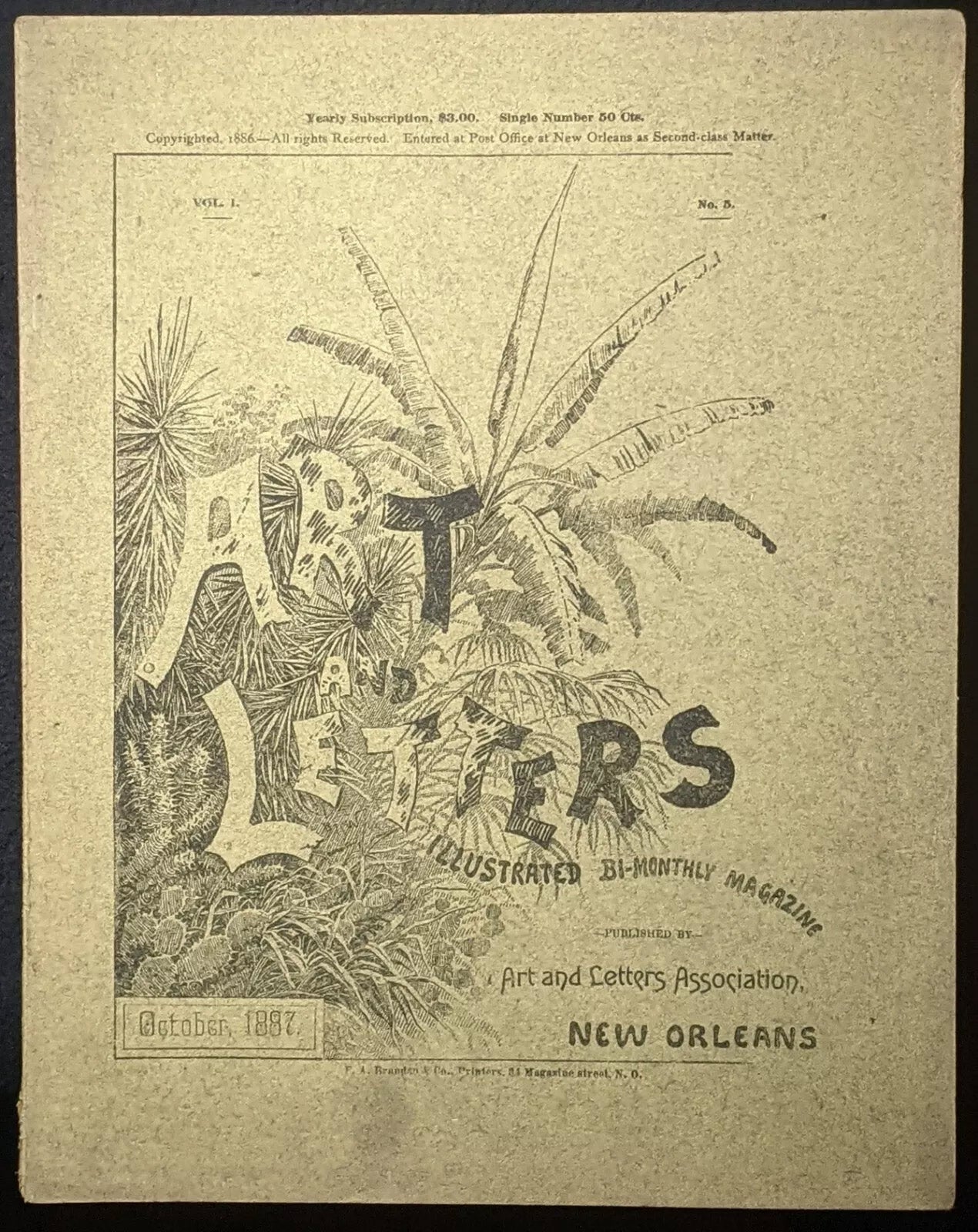 October 1887 Art & Letters Magazine New Orleans Featuring Lead Article on Magic & Divination