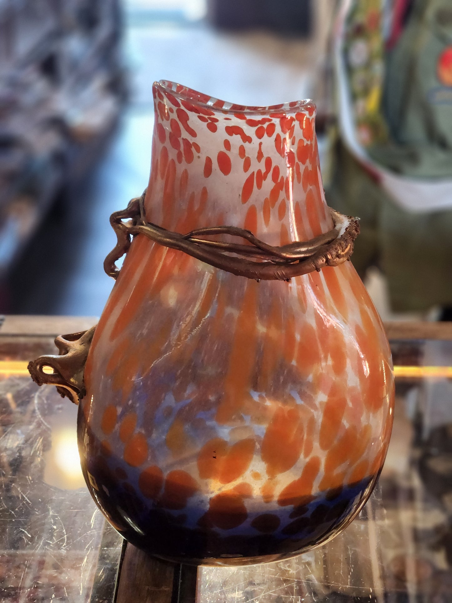 Art Nouveau Art Glass Vase w Bronze Vine Mount 10” Cobalt Blue Orange Frit c1900