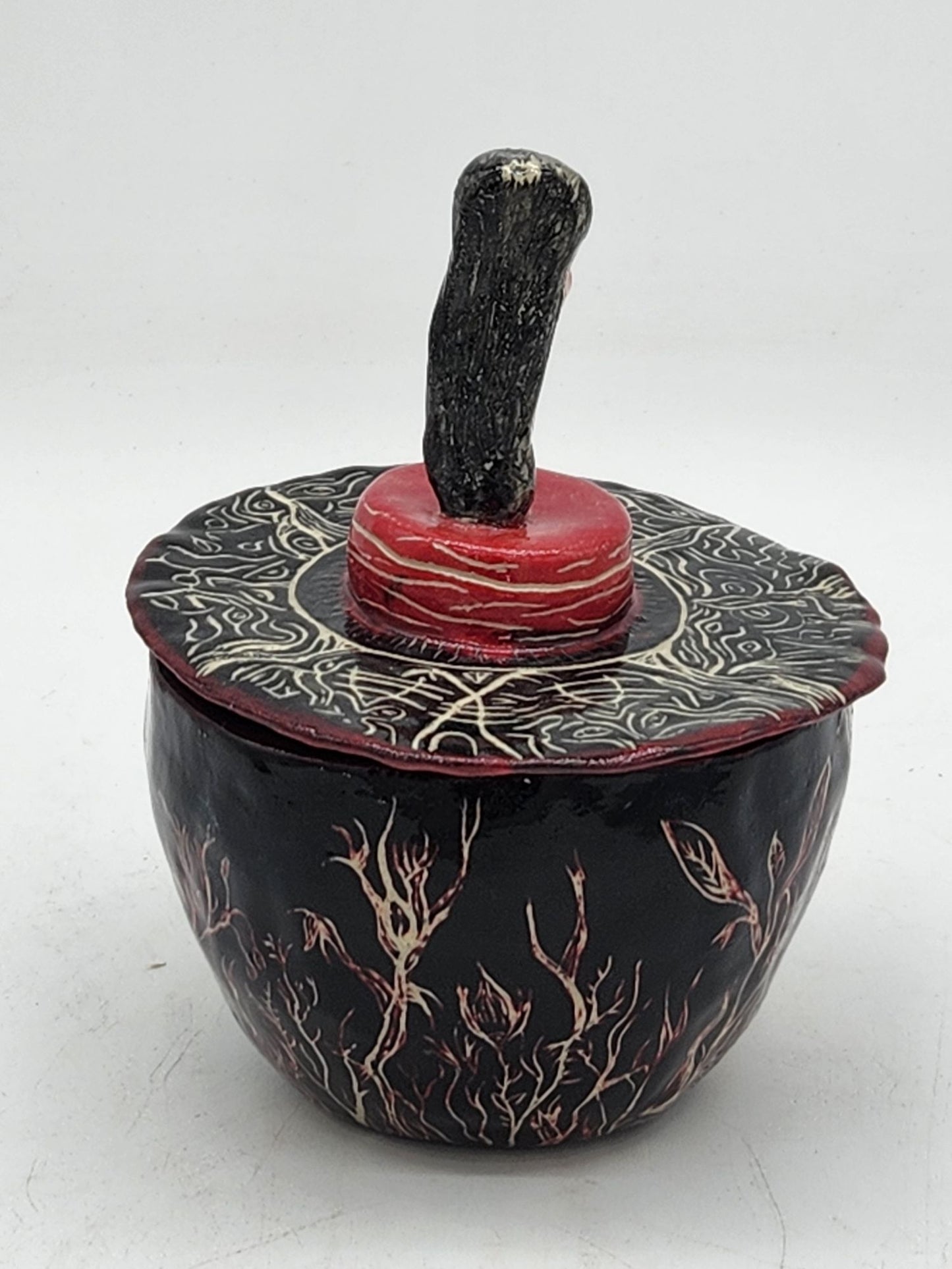 Handcrafted Sgraffito Devil Bowl With Lid